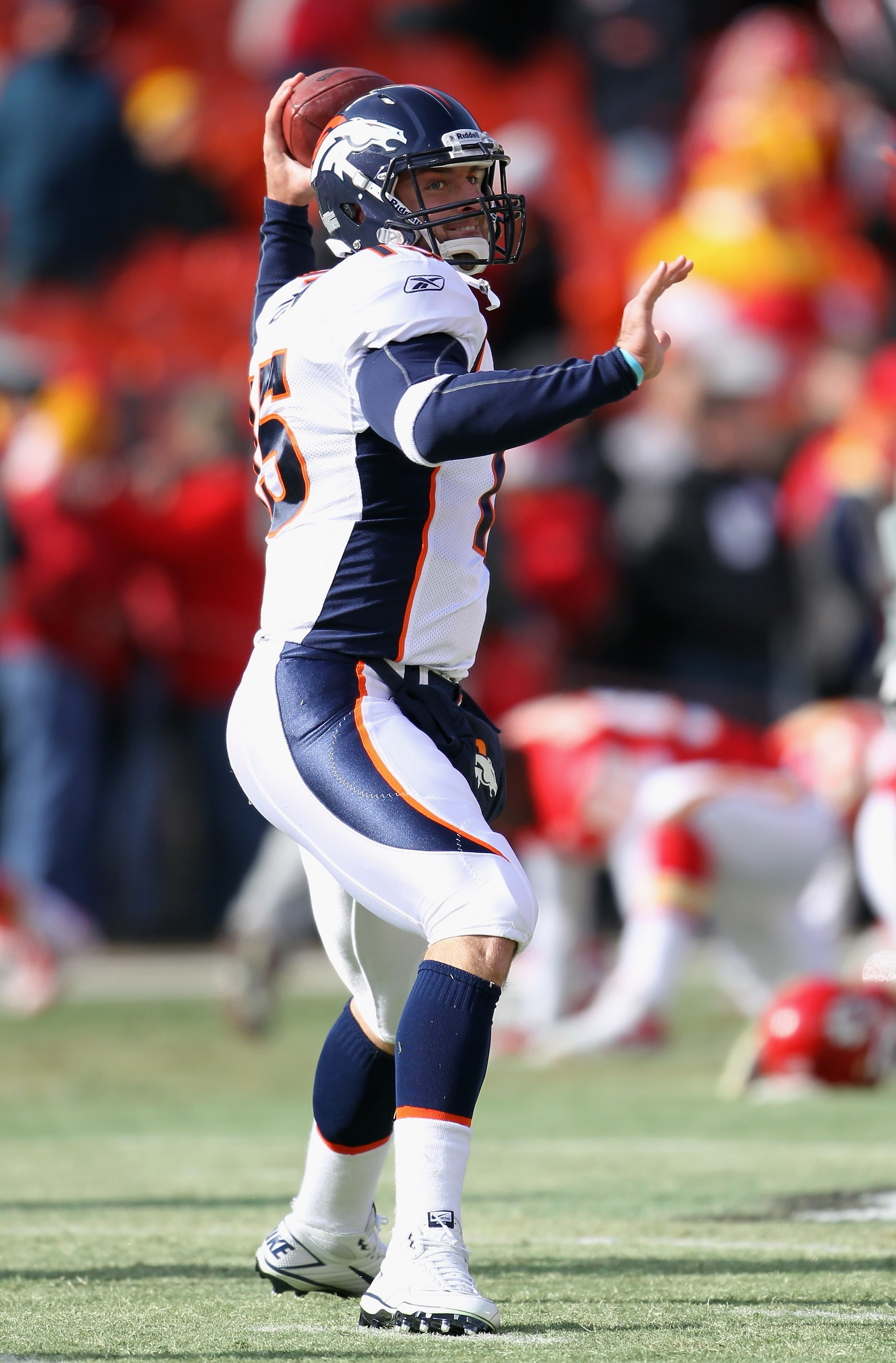 KANSAS CITY, MO - DECEMBER 05:  Quarterback Tim Tebow #15 of the Denver Broncos during warm-ups prior to the start of the game against the Kansas City Chiefs on December 5, 2010 at Arrowhead Stadium in Kansas City, Missouri.  (Photo by Jamie Squire/Getty