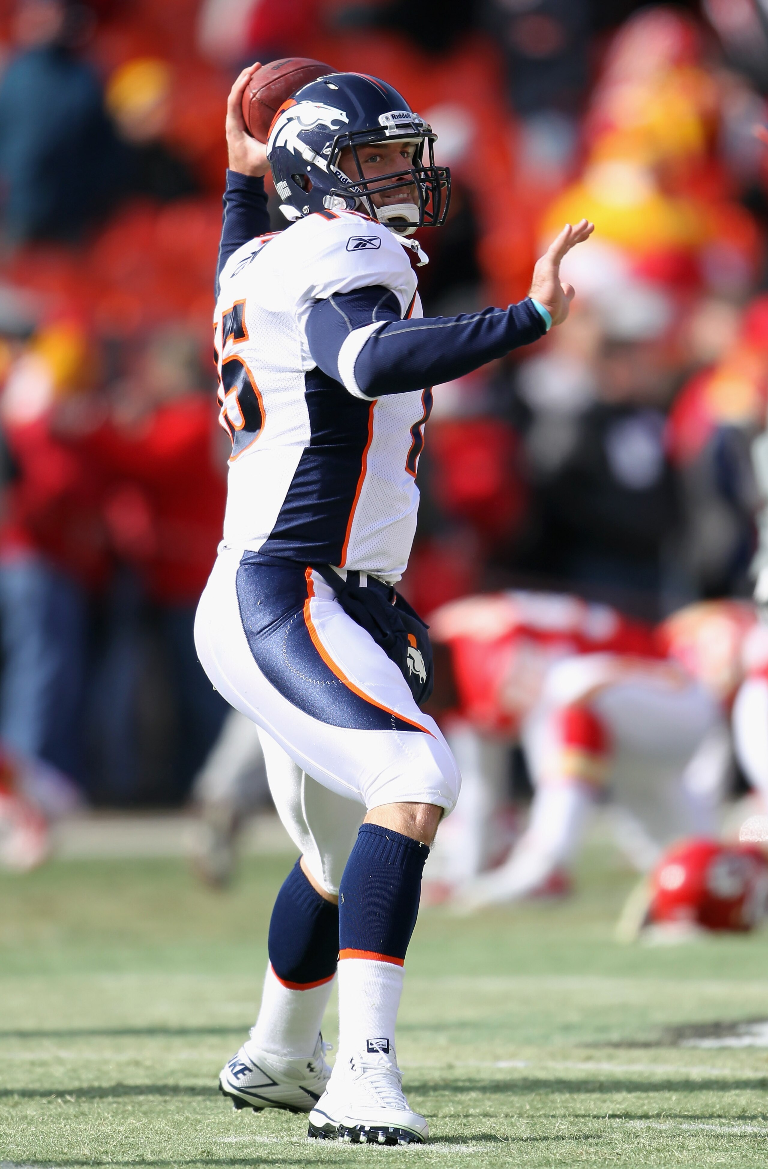 KANSAS CITY, MO - DECEMBER 05:  Quarterback Tim Tebow #15 of the Denver Broncos during warm-ups prior to the start of the game against the Kansas City Chiefs on December 5, 2010 at Arrowhead Stadium in Kansas City, Missouri.  (Photo by Jamie Squire/Getty
