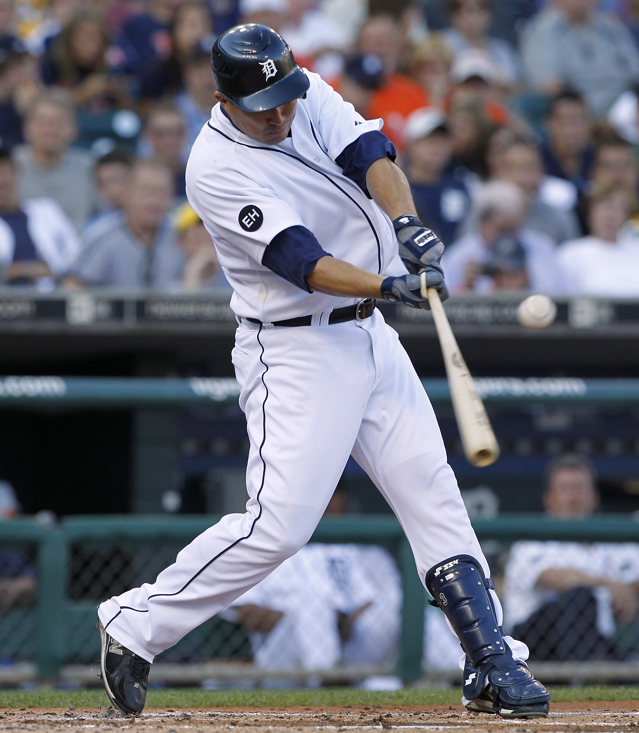 DETROIT - JULY 09: Magglio Ordonez #30 of the Detroit Tigers singles to center field scoring two runs in the first inning and giving the Tigers a 4-0 lead over the Minnesota Twins on July 9, 2010 at Comerica Park in Detroit, Michigan.  (Photo by Leon Hali