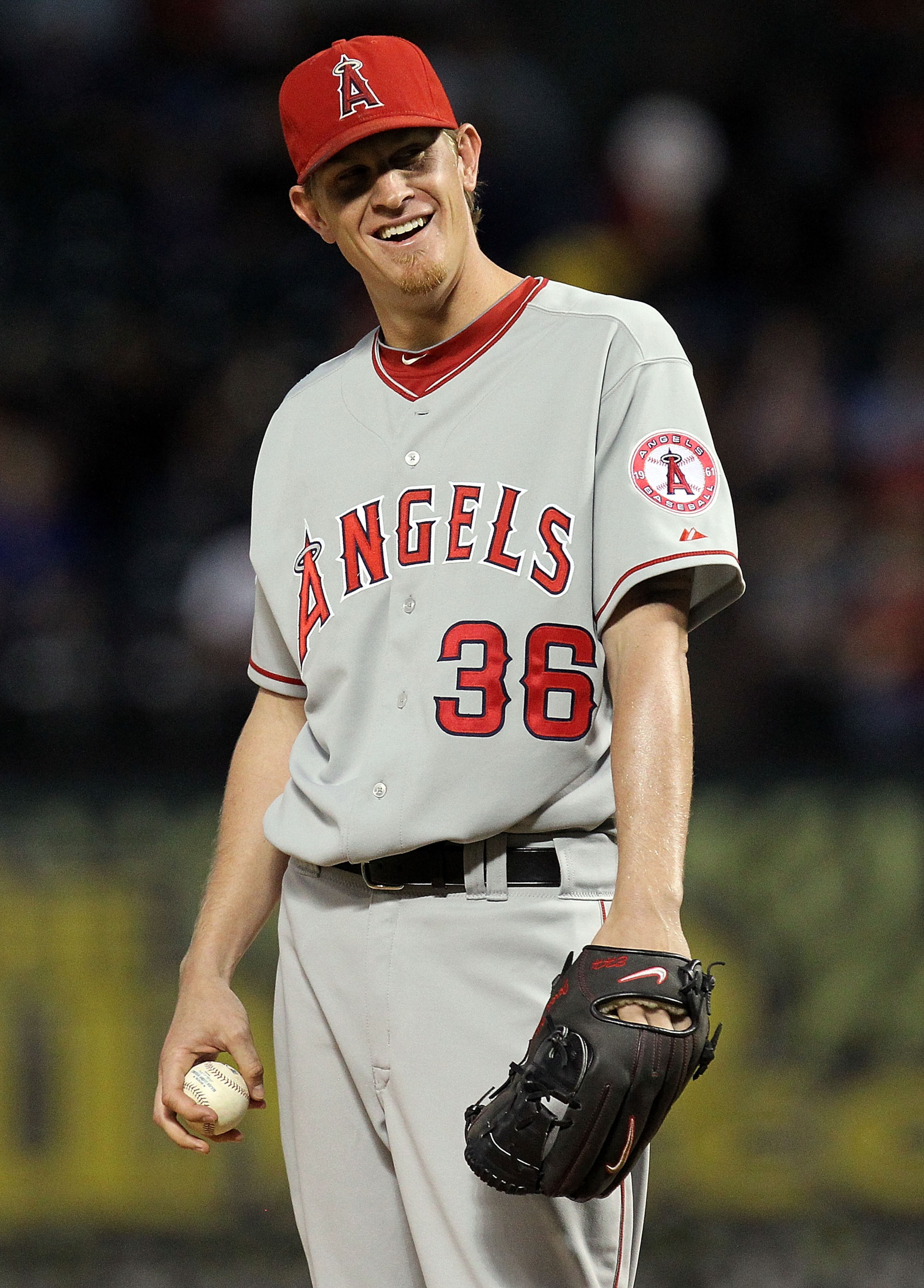 ARLINGTON, TX - OCTOBER 01: Pitcher Jered Weaver #36 of the Los Angeles Angels of Anaheim reacts after called for a balk against the Texas Rangers at Rangers Ballpark in Arlington on October 1, 2010 in Arlington, Texas. (Photo by Ronald Martinez/Getty I ARLINGTON, TX - OCTOBER 01: Pitcher Jered Weaver #36 of the Los Angeles Angels of Anaheim reacts after called for a balk against the Texas Rangers at Rangers Ballpark in Arlington on October 1, 2010 in Arlington, Texas. (Photo by Ronald Martinez/Getty I