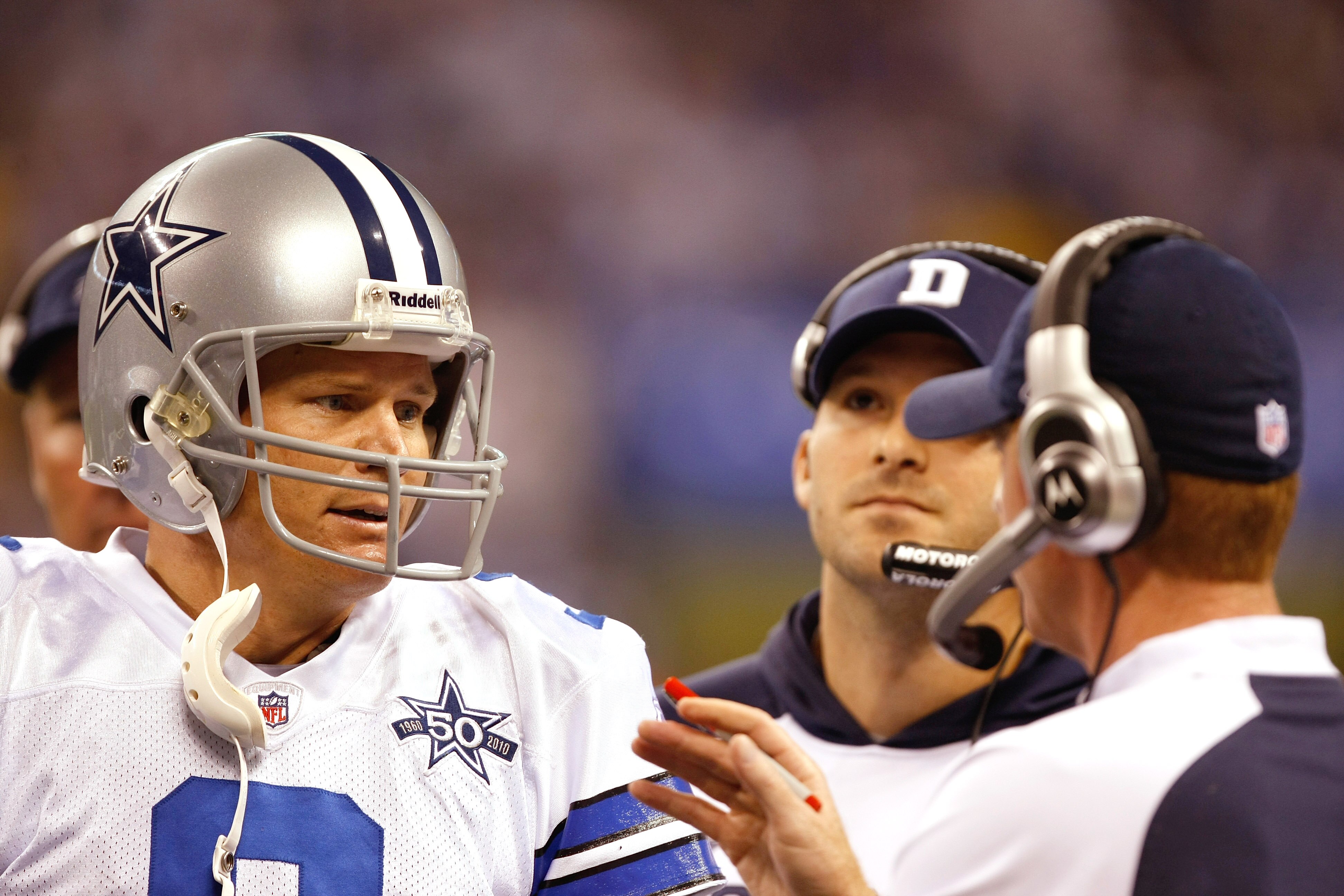 INDIANAPOLIS, IN - DECEMBER 05: Jon Kitna #3 of the Dallas Cowboys talks with Jason Garrett during a game against the Indianapolis Colts at Lucas Oil Stadium on December 5, 2010 in Indianapolis, Indiana.  (Photo by Scott Boehm/Getty Images)