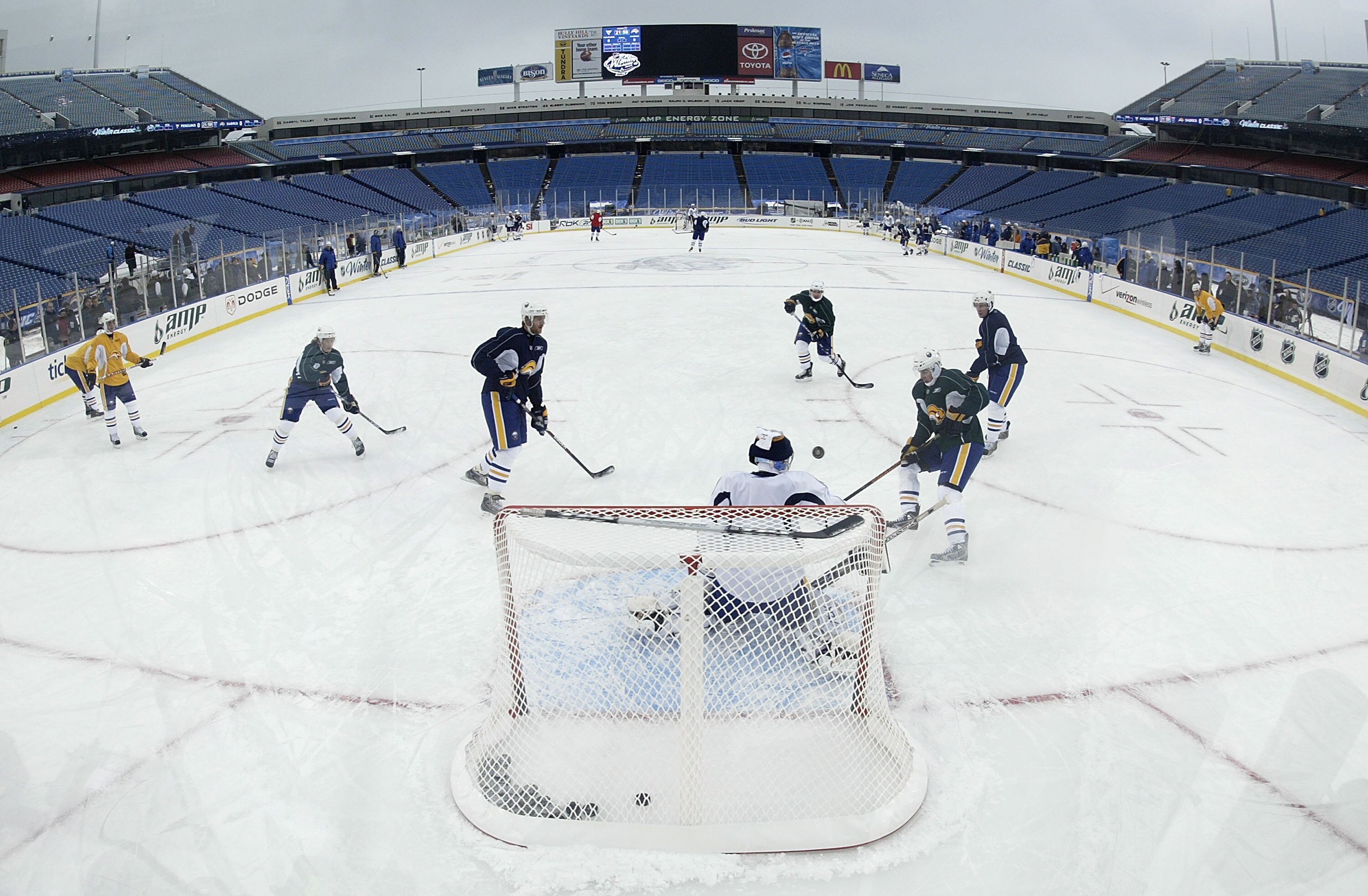 ORCHARD PARK , NY - DECEMBER 31:  The Buffalo Sabres practice at Ralph Wilson Stadium on December 31, 2007 in Orchard Park, New York. The stadium's football field has been converted into an ice rink for the 2008 NHL Winter Classic on January 1, 2008.  (Ph