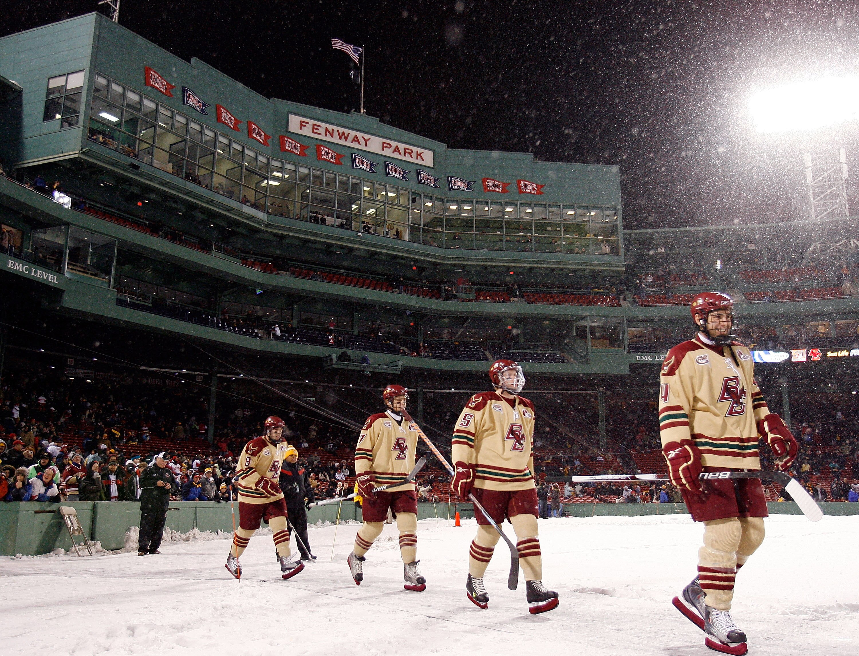 BOSTON - JANUARY 08:  The Boston College Eagles   head out on to the ice before the game against the Boston University Terriers on January 8, 2010 during the Sun Life Frozen Fenway Hockey Game at the Fenway Park in Boston, Massachusetts.  (Photo by Elsa/G