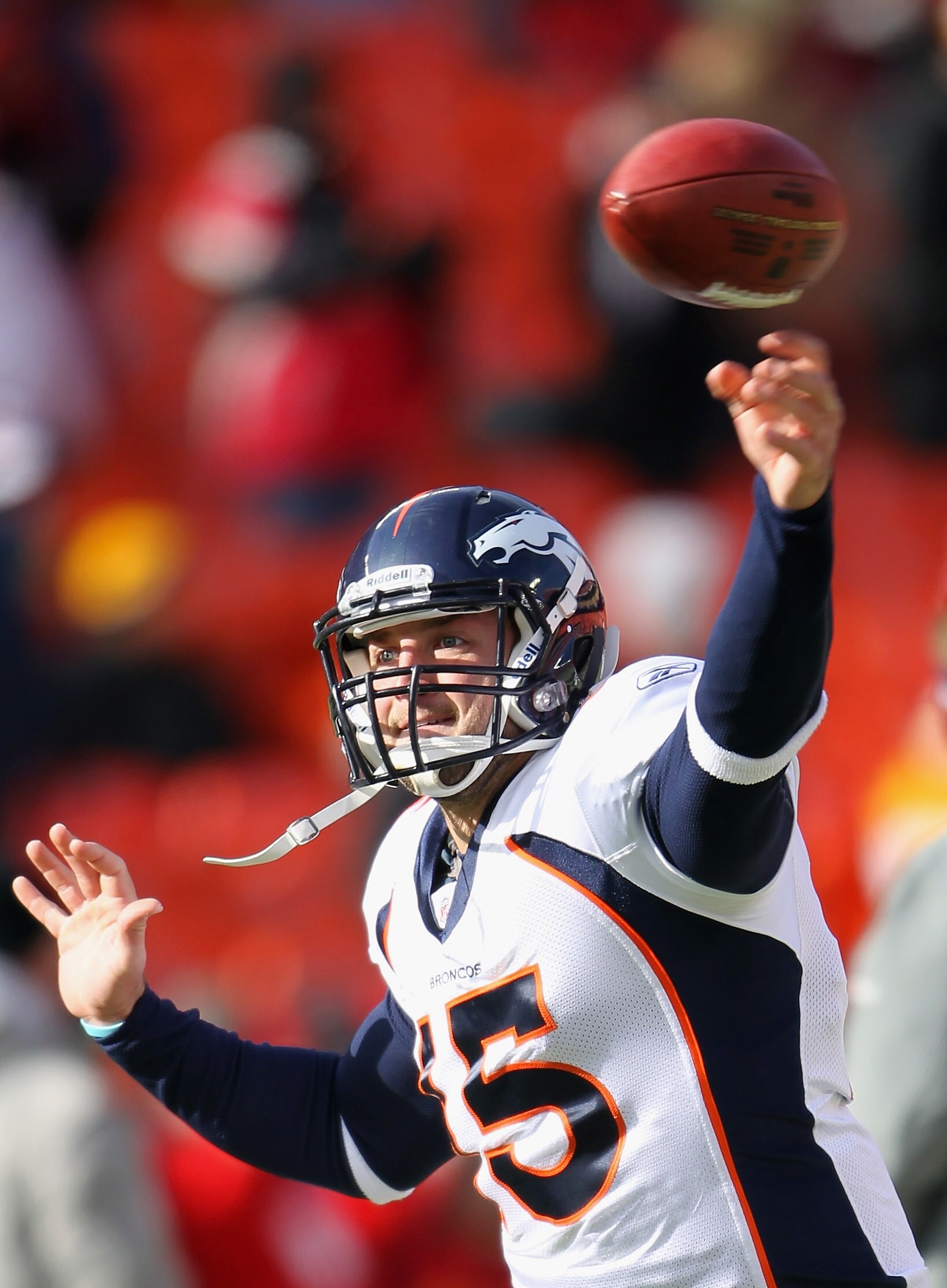 KANSAS CITY, MO - DECEMBER 05:  Quarterback Tim Tebow #15 of the Denver Broncos during warm-ups prior to the start of the game against the Kansas City Chiefs on December 5, 2010 at Arrowhead Stadium in Kansas City, Missouri.  (Photo by Jamie Squire/Getty