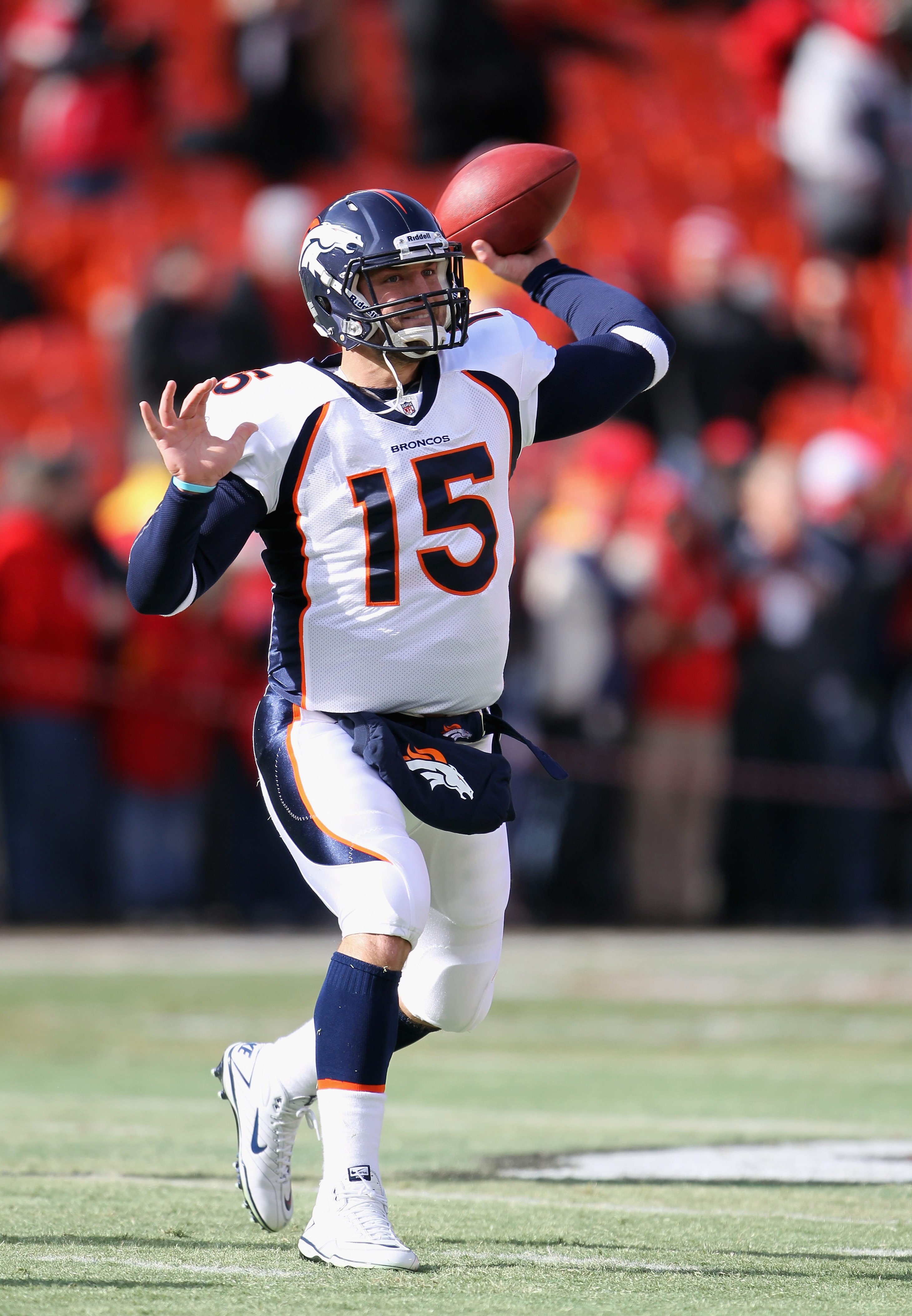 KANSAS CITY, MO - DECEMBER 05:  Quarterback Tim Tebow #15 of the Denver Broncos during warm-ups prior to the start of the game against the Kansas City Chiefs on December 5, 2010 at Arrowhead Stadium in Kansas City, Missouri.  (Photo by Jamie Squire/Getty