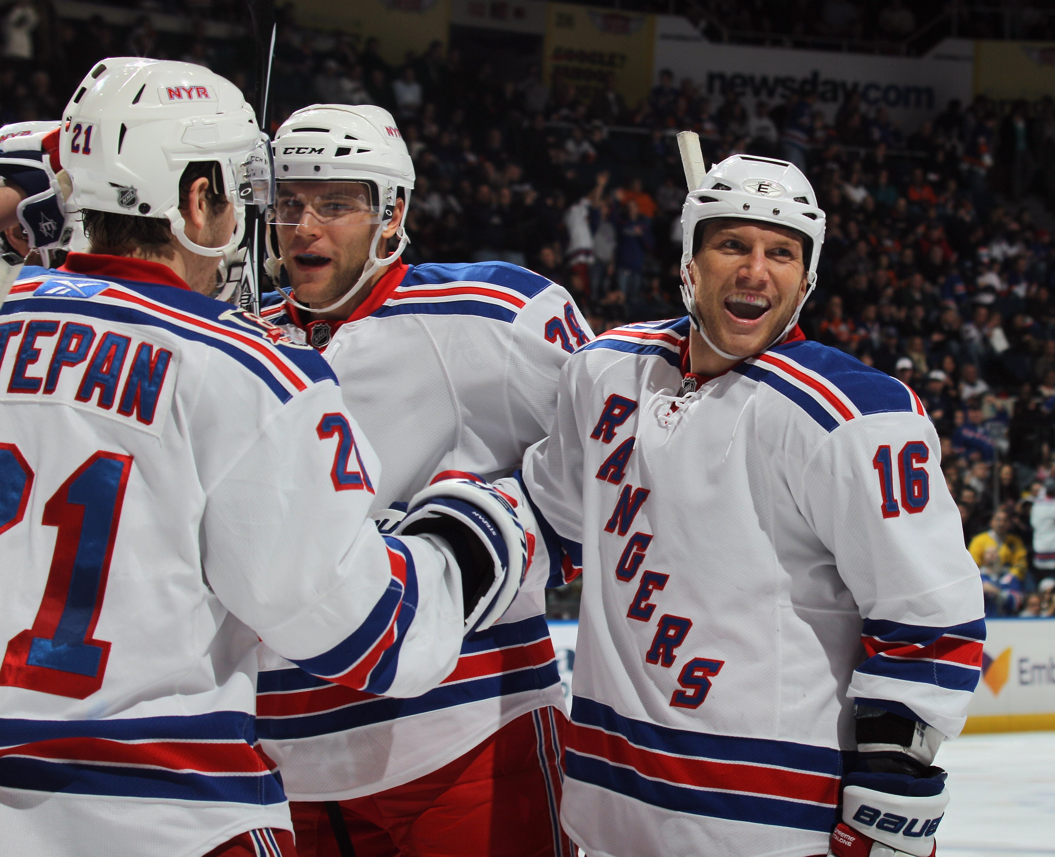 UNIONDALE, NY - DECEMBER 02: Sean Avery #16 of the New York Rangers celebrates a third period goal by Marian Gaborik #10 against the New York Islanders at the Nassau Coliseum on December 2, 2010 in Uniondale, New York. The Rangers defeated the Islanders 6