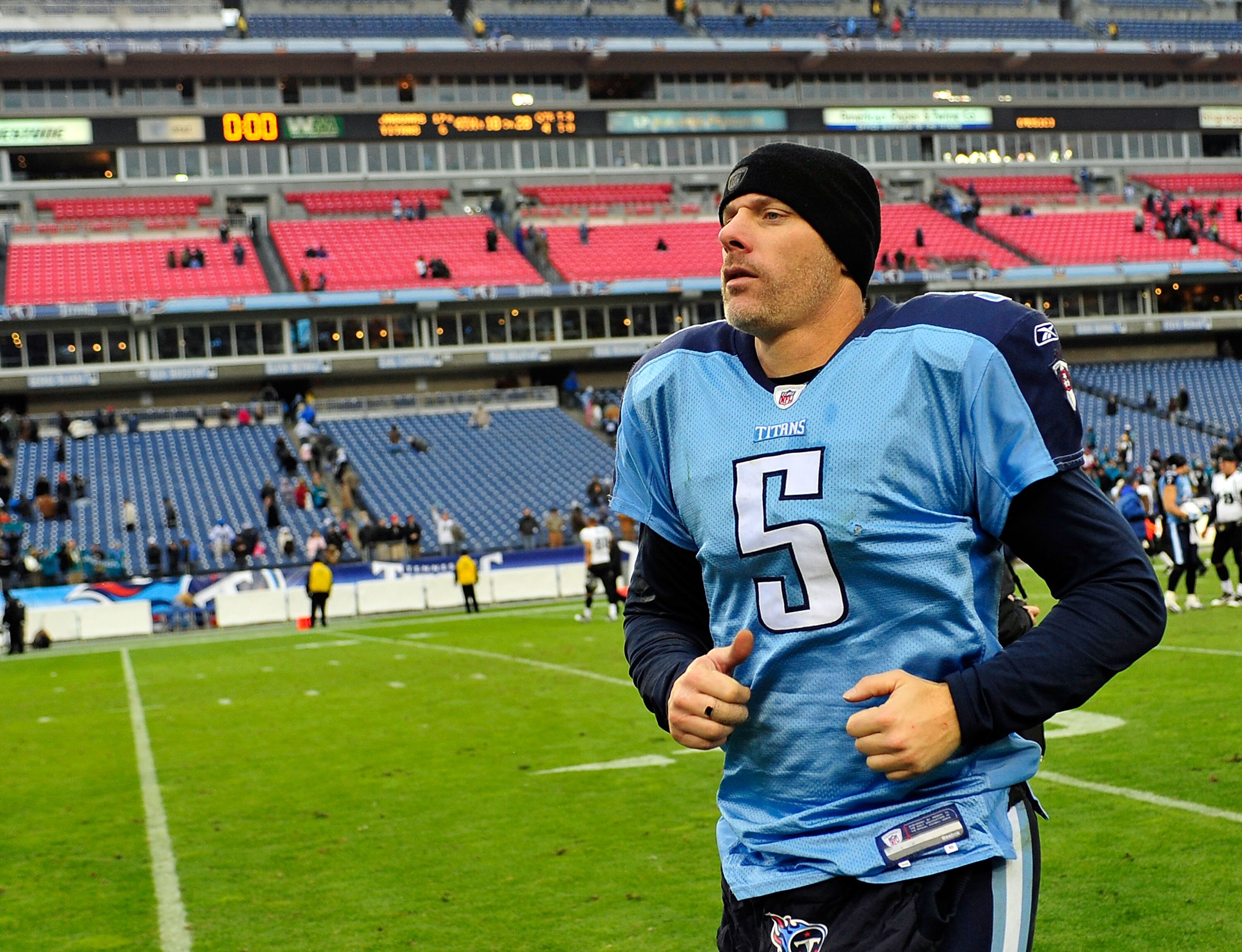 NASHVILLE, TN - DECEMBER 05: Quarterback Kerry Collins #5 of the Tennessee Titans leaves the field after a loss to the Jacksonville Jaguars at LP Field on December 5, 2010 in Nashville, Tennessee. The Jaguars won 17-6. (Photo by Grant Halverson/Getty Imag