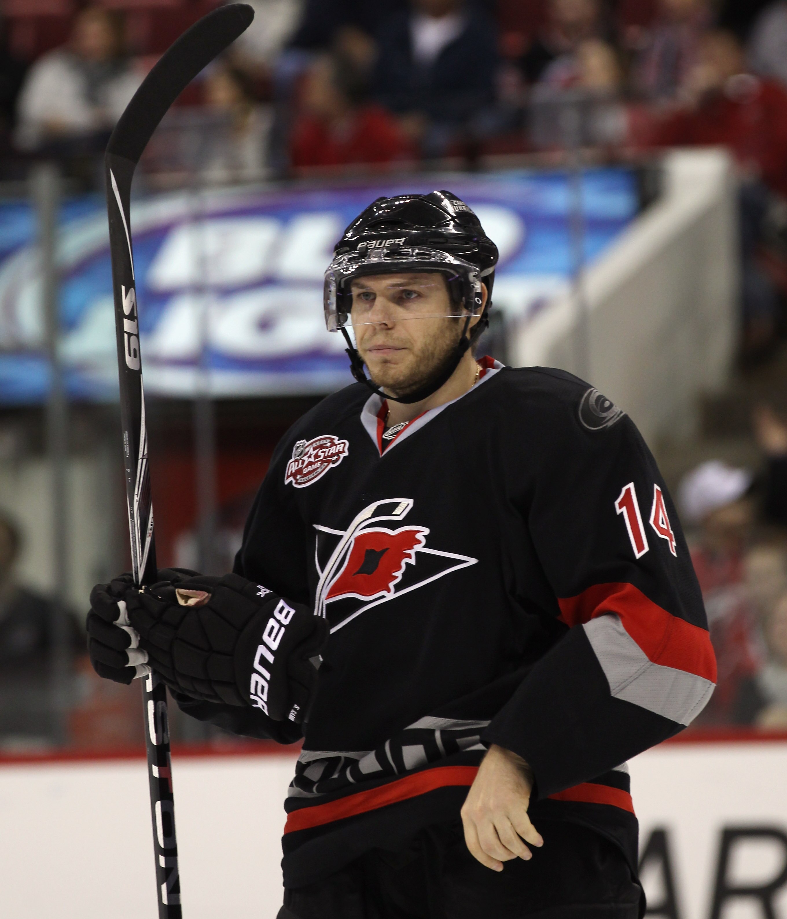 RALEIGH, NC - NOVEMBER 29:  Sergei Samsonov #14 of the Carolina Hurricanes skates against the Dallas Stars at the RBC Center on November 29, 2010 in Raleigh, North Carolina. The Stars defeated the Hurricanes 4-1.  (Photo by Bruce Bennett/Getty Images)