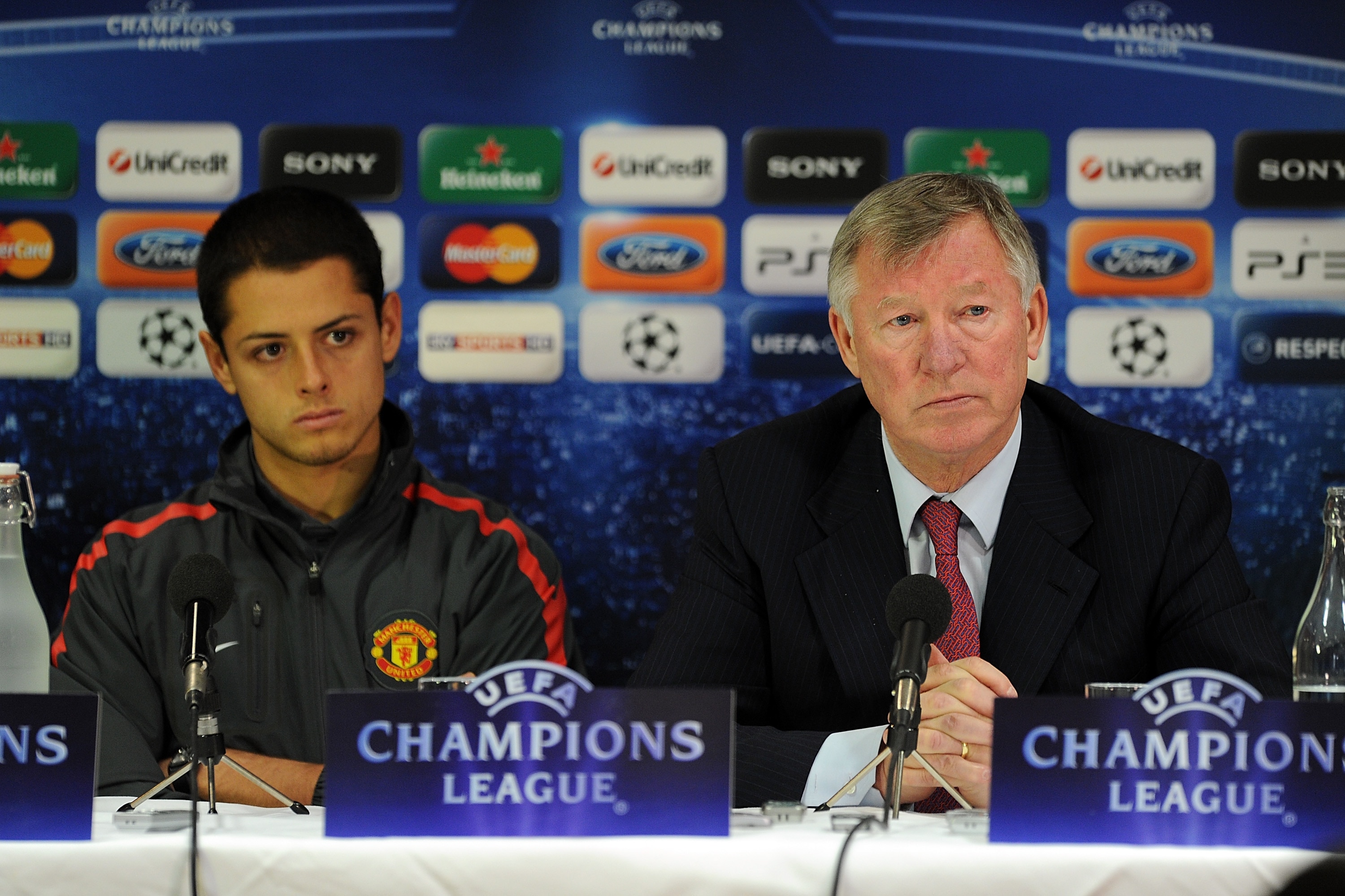 MANCHESTER, ENGLAND - DECEMBER 06: Manager Sir Alex Ferguson (R) and Javier Hernandezof Manchester United attend a press conference ahead of the UEFA Champions League Group C match against Valencia at Old Trafford on December 6, 2010 in Manchester, Englan