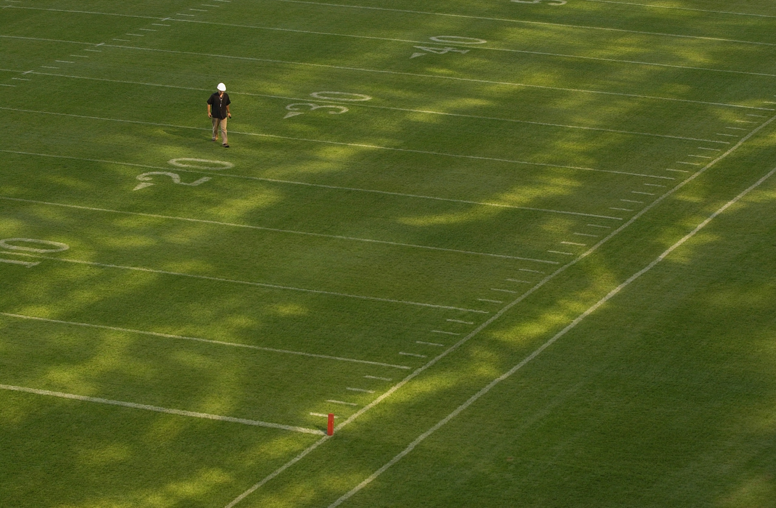 CHICAGO - SEPTEMBER 18:  Sunlight is reflected off of the east side sky boxes as a worker walks across the new grass field of the rebuilt Soldier Field stadium, home to the NFL Chicago Bears and the MLS Chicago Fire, during a media tour on September 18, 2