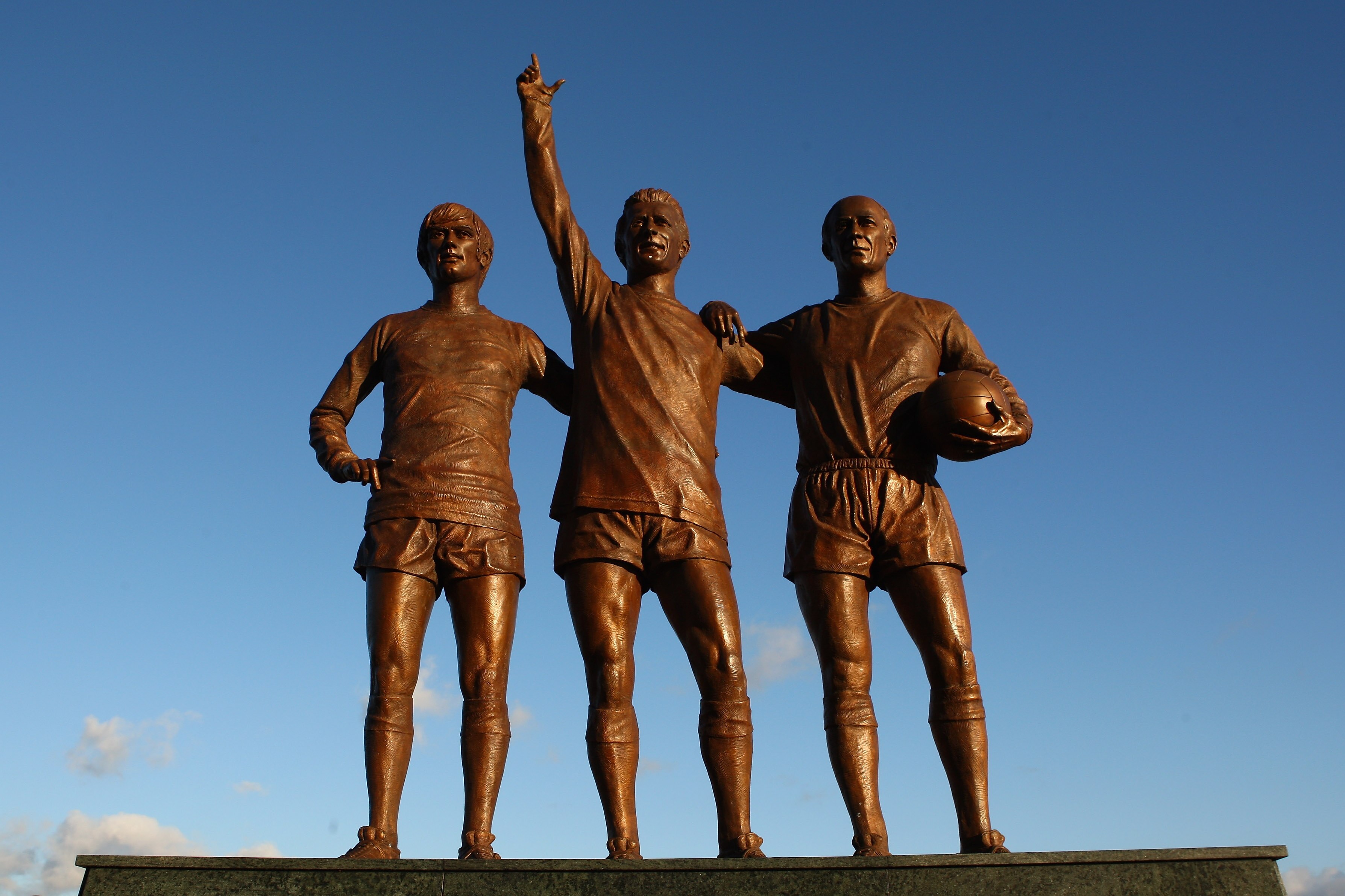 MANCHESTER, UNITED KINGDOM - DECEMBER 09:  A statue showing George Best, Denis Law and Bobby Charlton is seen outside Old Trafford on December 9, 2008 in Manchester, England.  (Photo by Alex Livesey/Getty Images)