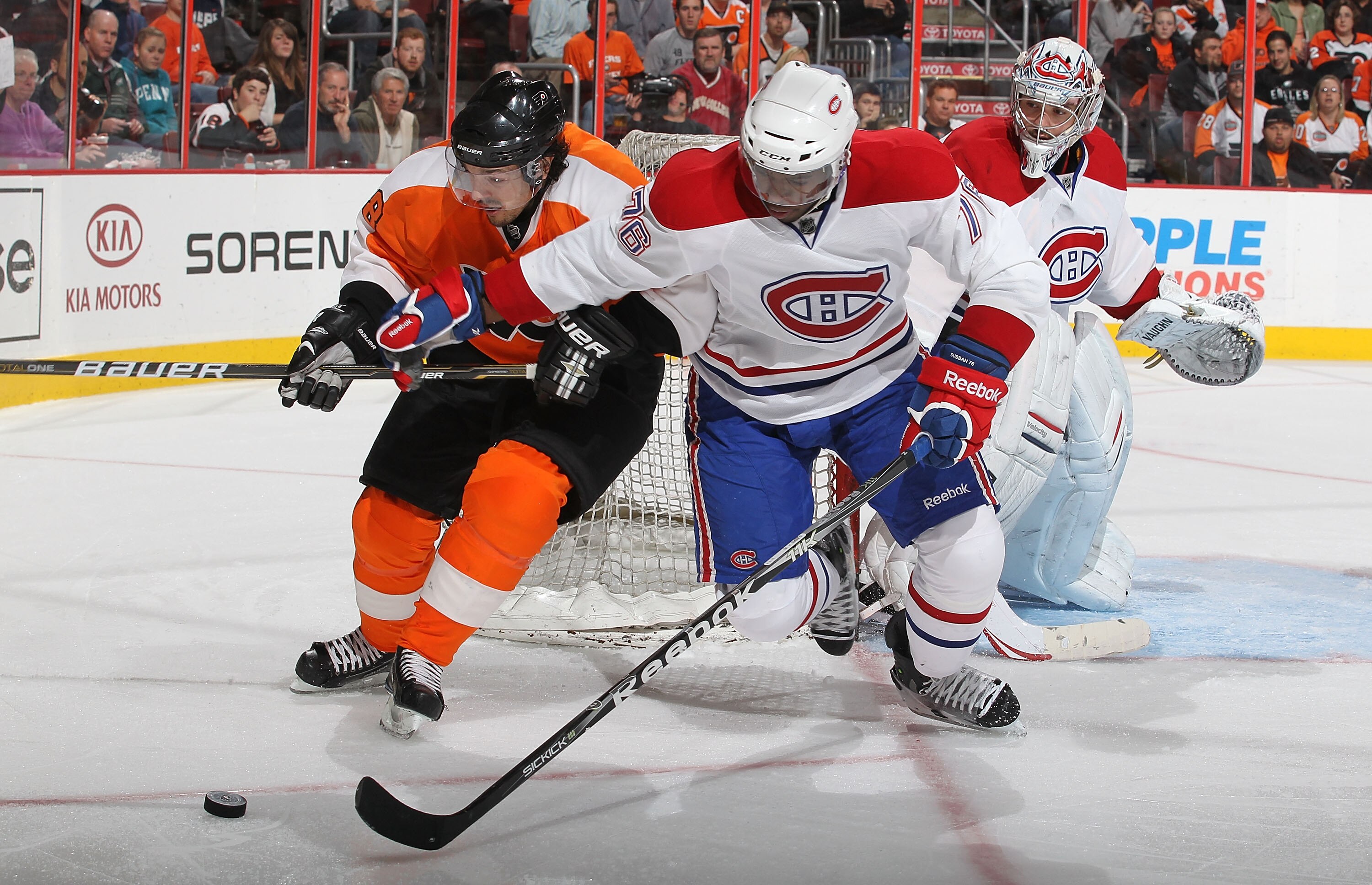 PHILADELPHIA - NOVEMBER 22:  P.K. Subban #76 of the Montreal Canadiens and Danny Briere #48 of The Philadelphia Flyers battle for the puck during their game on November 22, 2010 at The Wells Fargo Center in Philadelphia, Pennsylvania.  (Photo by Al Bello/