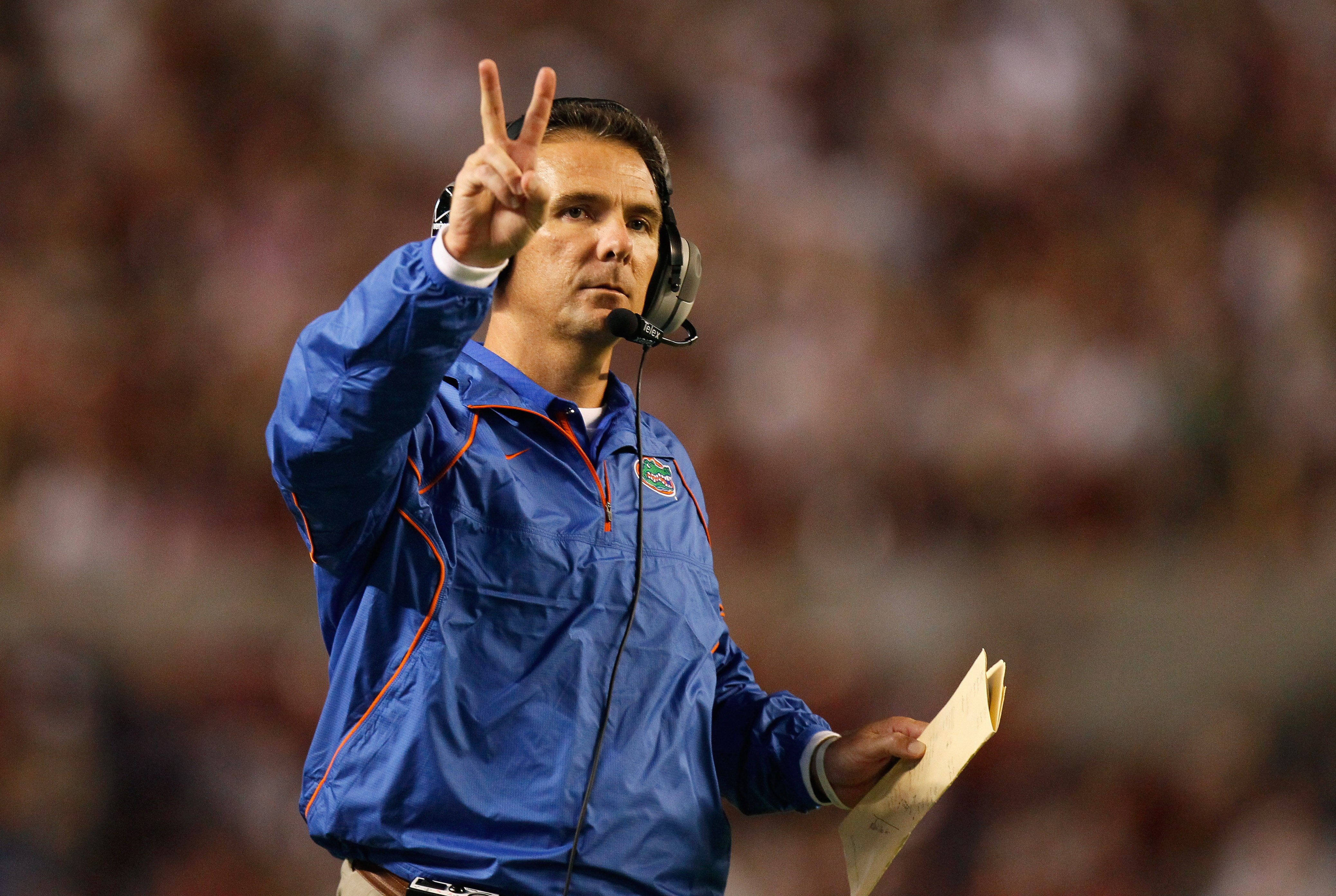 TUSCALOOSA, AL - OCTOBER 02:  Head coach Urban Meyer of the Florida Gators against the Alabama Crimson Tide at Bryant-Denny Stadium on October 2, 2010 in Tuscaloosa, Alabama.  (Photo by Kevin C. Cox/Getty Images)