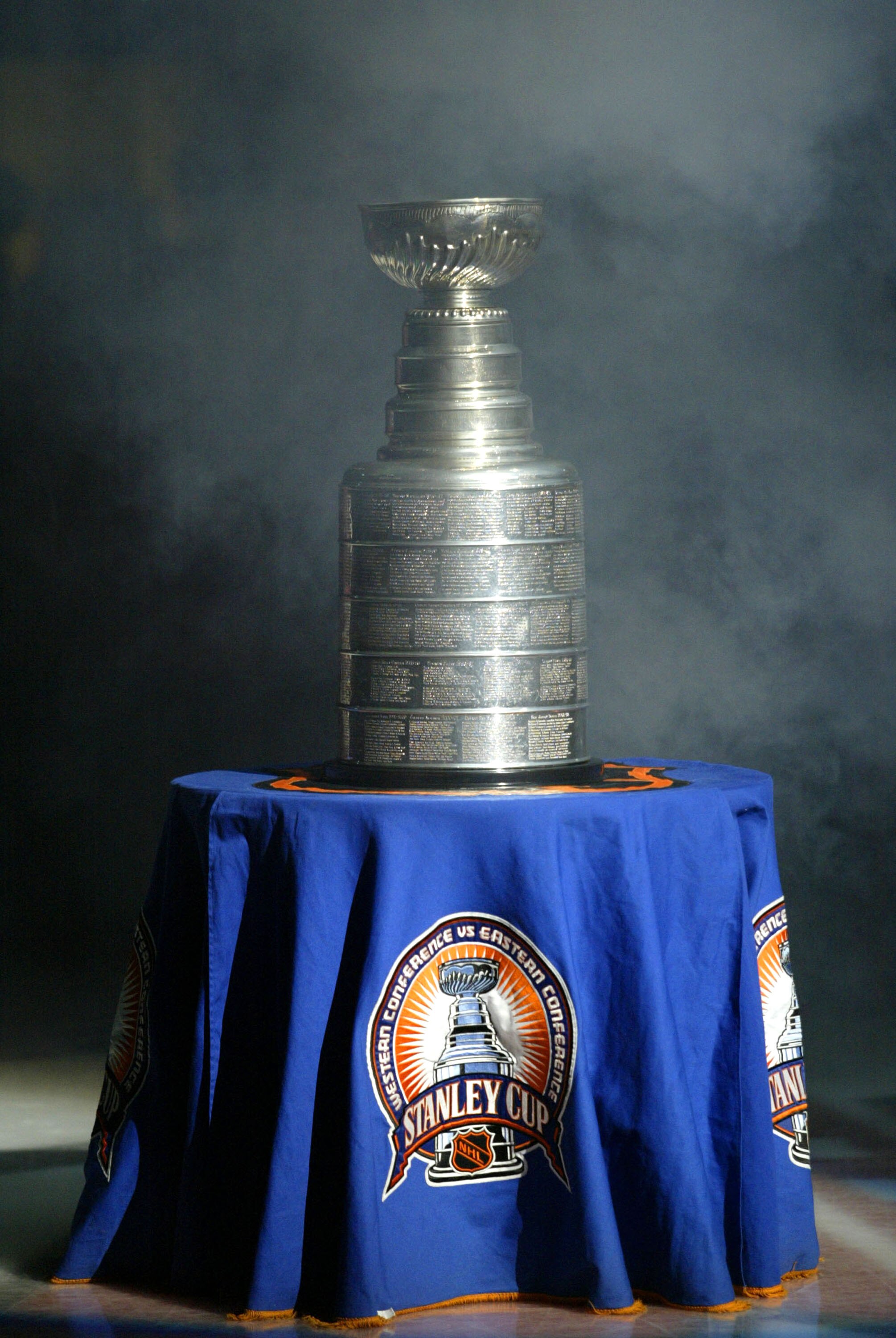EAST RUTHERFORD, NJ - OCTOBER 16:  The Stanley Cup trophy was on display for the New Jersey Devils banner ceremony before the New Jersey Devils played the Toronto Maple Leafs at the Continental Arena on October 16, 2003 in East Rutherford, New Jersey.  Th