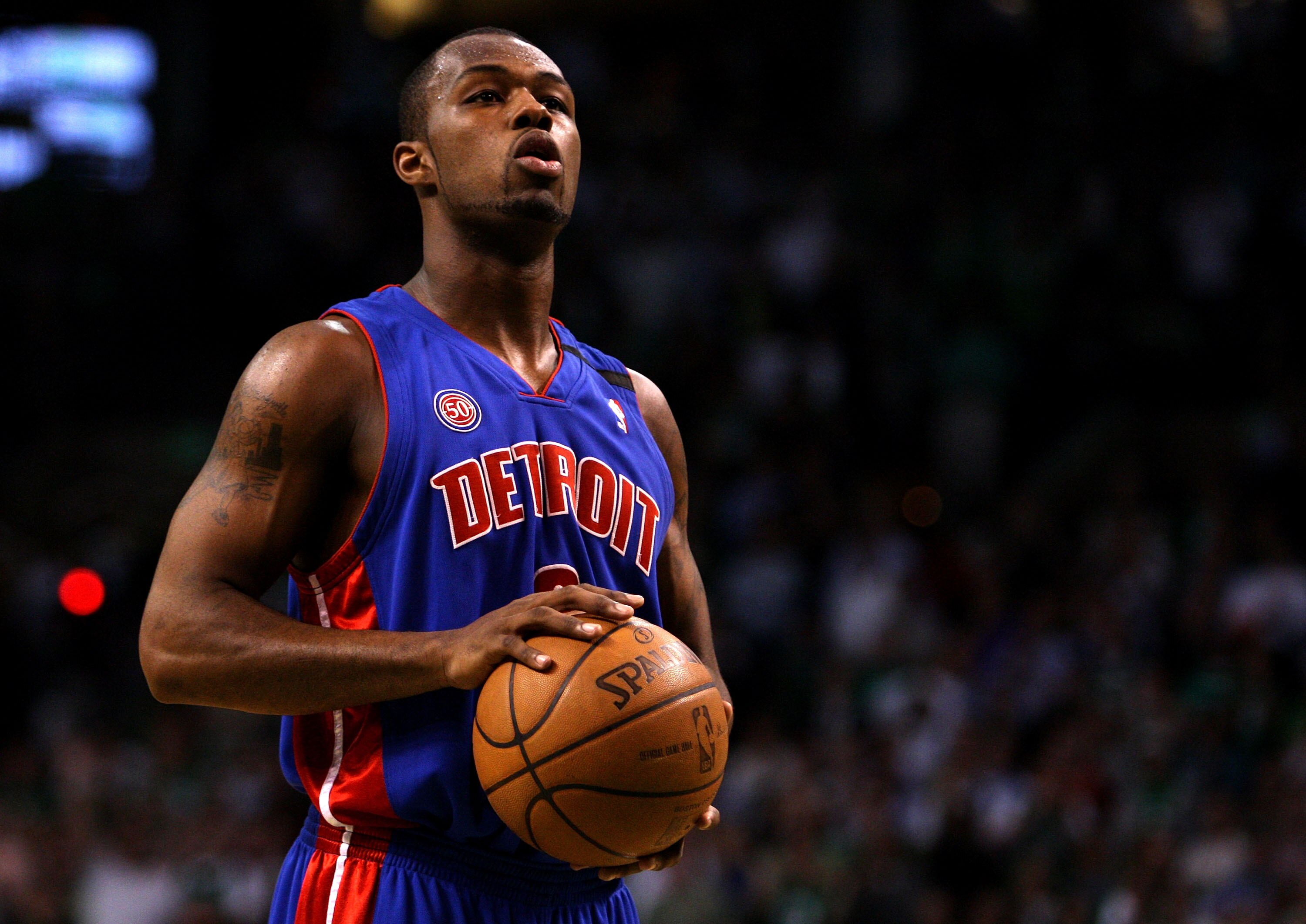 BOSTON - MAY 28:  Rodney Stuckey #3 of the Detroit Pistons shoots a free throw towards the end of the game against the Boston Celtics during Game Five of the Eastern Conference finals during the 2008 NBA Playoffs at TD Banknorth Garden on May 28, 2008 in
