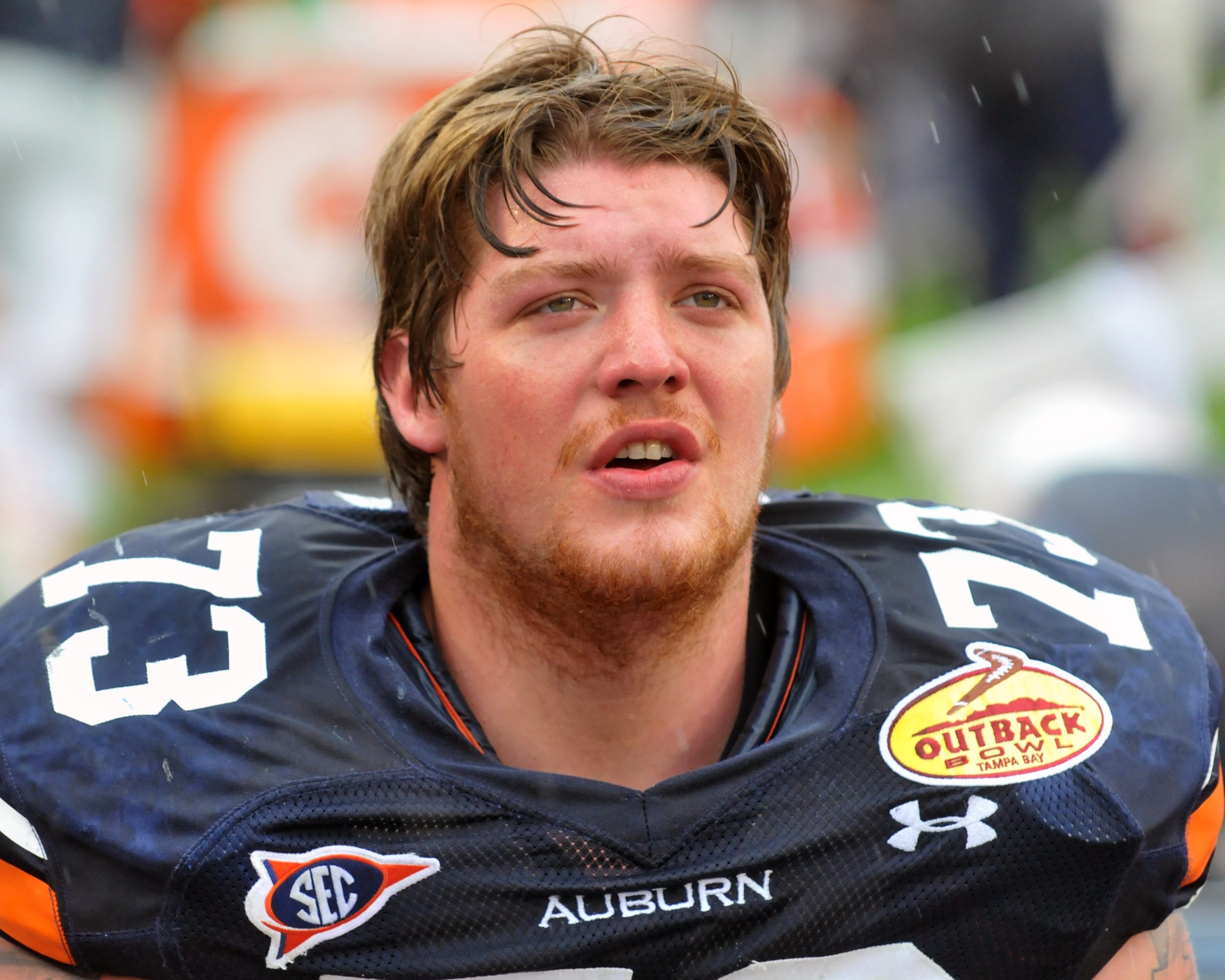 TAMPA, FL - JANUARY 1: Offensive lineman Lee Ziemba #73 of the Auburn Tigers watches play against the Northwestern Wildcats in the Outback Bowl January 1, 2010 at Raymond James Stadium in Tampa, Florida.  (Photo by Al Messerschmidt/Getty Images)
