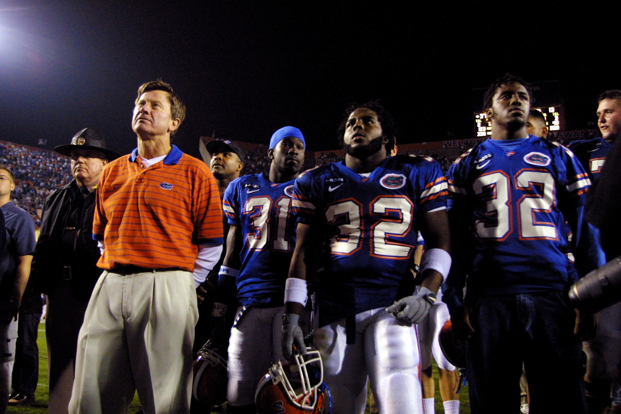 17 Nov 2001:  Coach Steve Spurrier stands with Florida Gator players after beating Florida State 37-13 at Florida Field in Gainesville, Florida. DIGITAL IMAGE. Mandatory Credit: Matthew Stockman/Getty Images