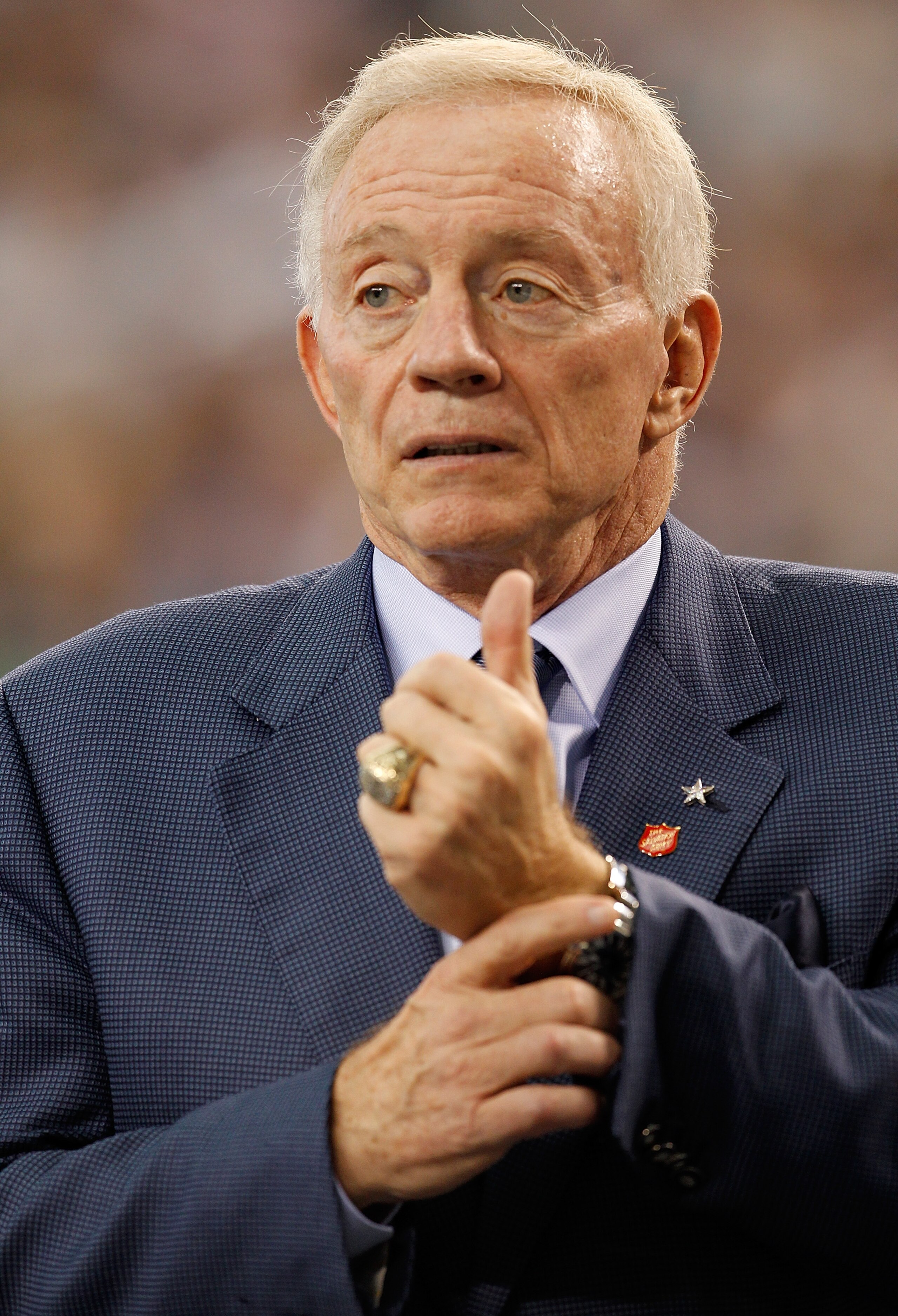 ARLINGTON, TX - NOVEMBER 21: Dallas Cowboys owner Jerry Jones watches as the Cowboys take on the Detroit Lions at Cowboys Stadium on November 21, 2010 in Arlington, Texas. (Photo by Tom Pennington/Getty Images) ARLINGTON, TX - NOVEMBER 21: Dallas Cowboys owner Jerry Jones watches as the Cowboys take on the Detroit Lions at Cowboys Stadium on November 21, 2010 in Arlington, Texas. (Photo by Tom Pennington/Getty Images)