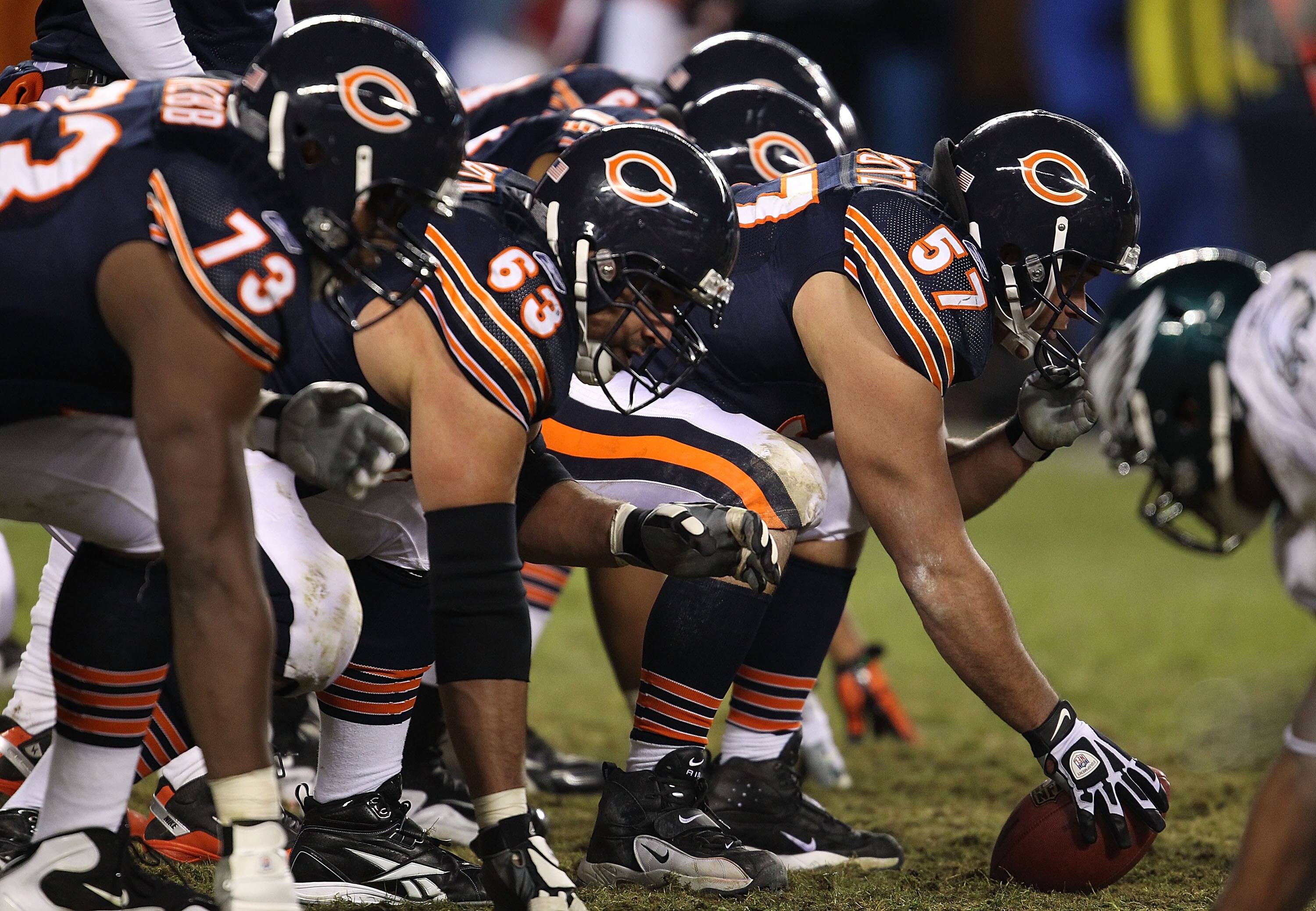 CHICAGO - NOVEMBER 28: (L-R) J'Marcus Webb #73 and Roberto Garza #63 of the Chicago Bears await the snap of Olin Kreutz #57 against the Philadelphia Eagles at Soldier Field on November 28, 2010 in Chicago, Illinois. The Bears defeated the Eagles 31-26. (P