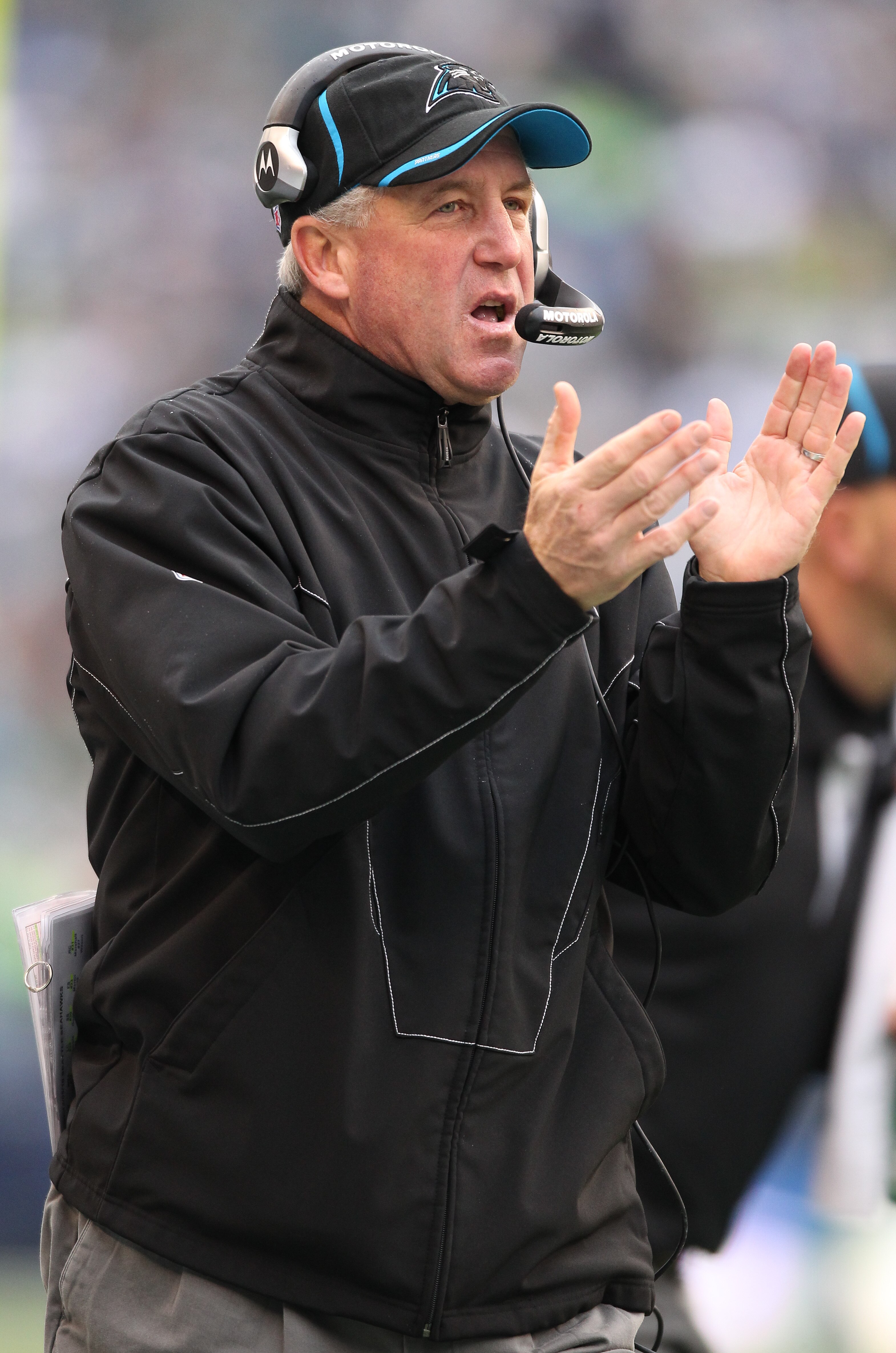 SEATTLE - DECEMBER 05:  Head coach John Fox of the Carolina Panthers applauds a play against the Seattle Seahawks at Qwest Field on December 5, 2010 in Seattle, Washington. The Seahawks won, 31-14. (Photo by Otto Greule Jr/Getty Images)