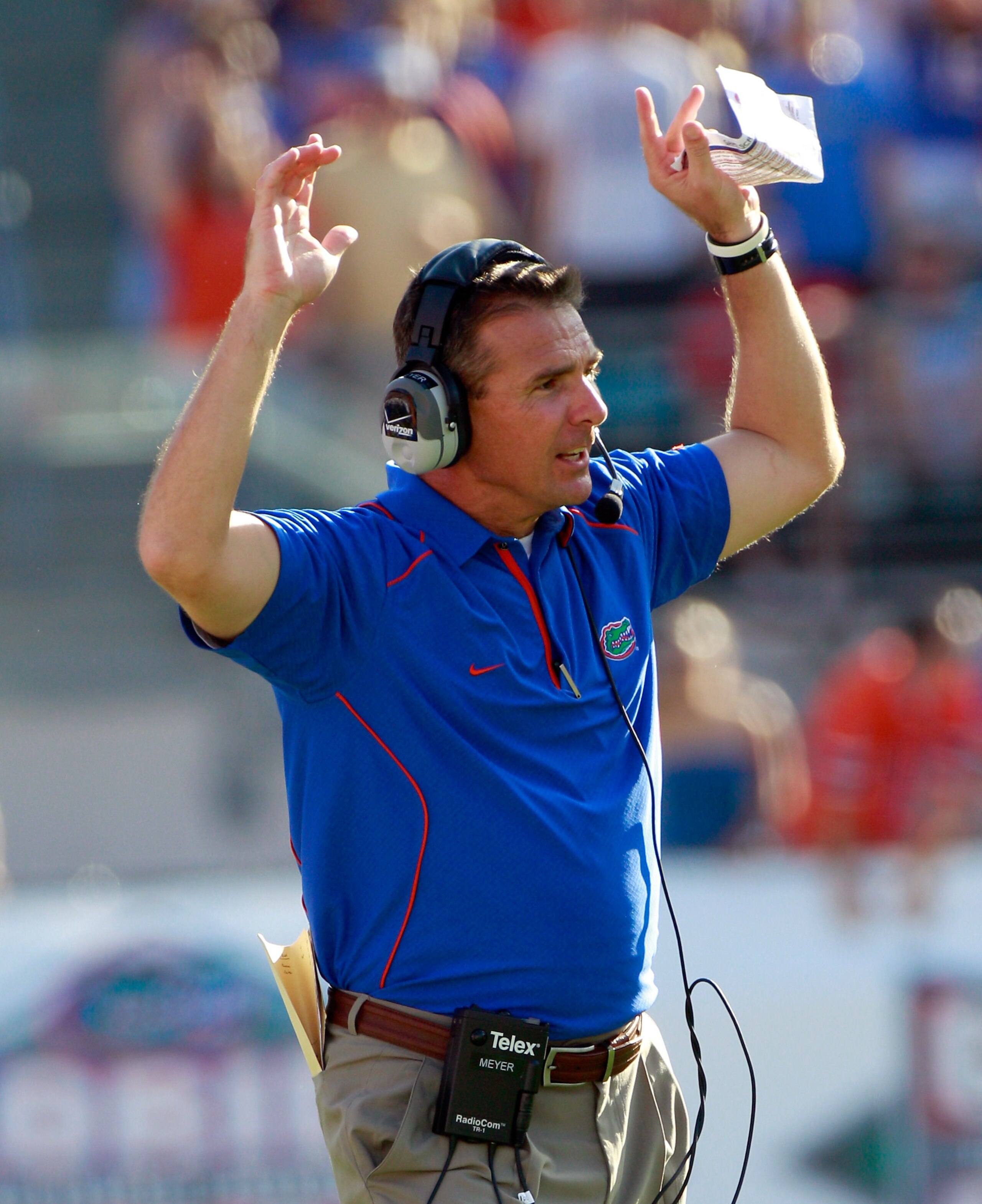 JACKSONVILLE, FL - OCTOBER 30:  Head coach Urban Meyer of the Florida Gators watches the action during the game against the Georgia Bulldogs at EverBank Field on October 30, 2010 in Jacksonville, Florida.  (Photo by Sam Greenwood/Getty Images)