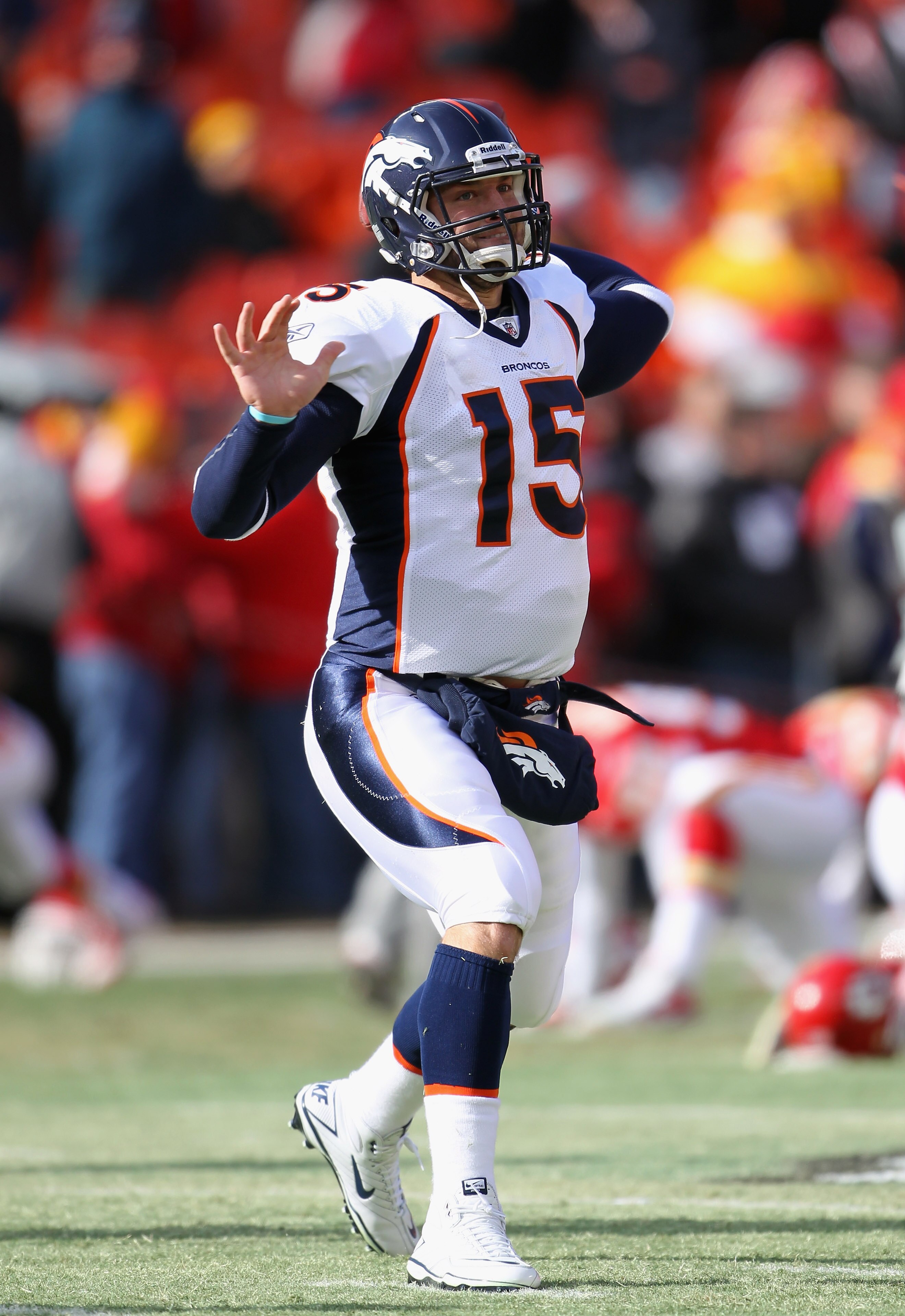 KANSAS CITY, MO - DECEMBER 05:  Quarterback Tim Tebow #15 of the Denver Broncos during warm-ups prior to the start of the game against the Kansas City Chiefs on December 5, 2010 at Arrowhead Stadium in Kansas City, Missouri.  (Photo by Jamie Squire/Getty