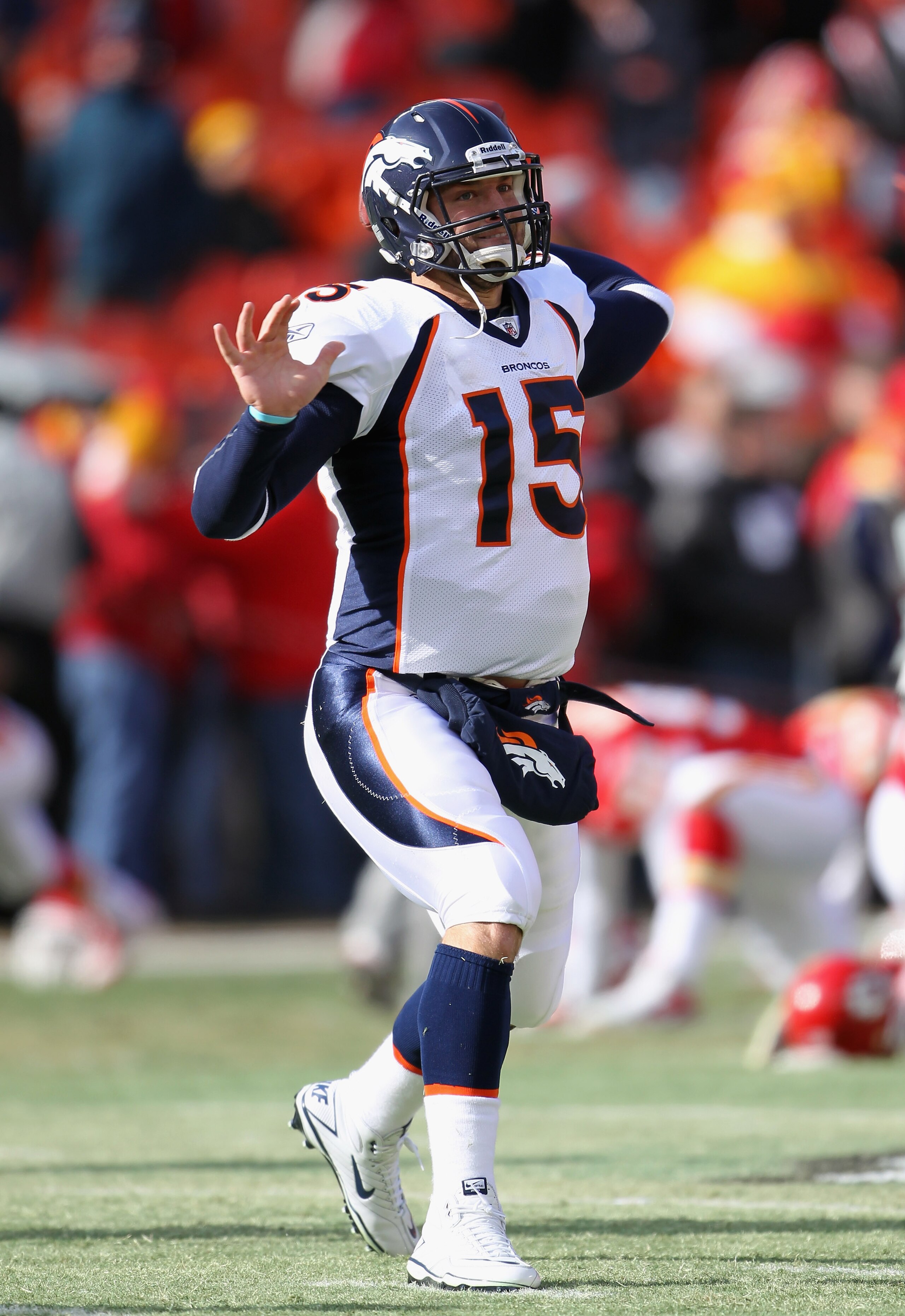 KANSAS CITY, MO - DECEMBER 05:  Quarterback Tim Tebow #15 of the Denver Broncos during warm-ups prior to the start of the game against the Kansas City Chiefs on December 5, 2010 at Arrowhead Stadium in Kansas City, Missouri.  (Photo by Jamie Squire/Getty