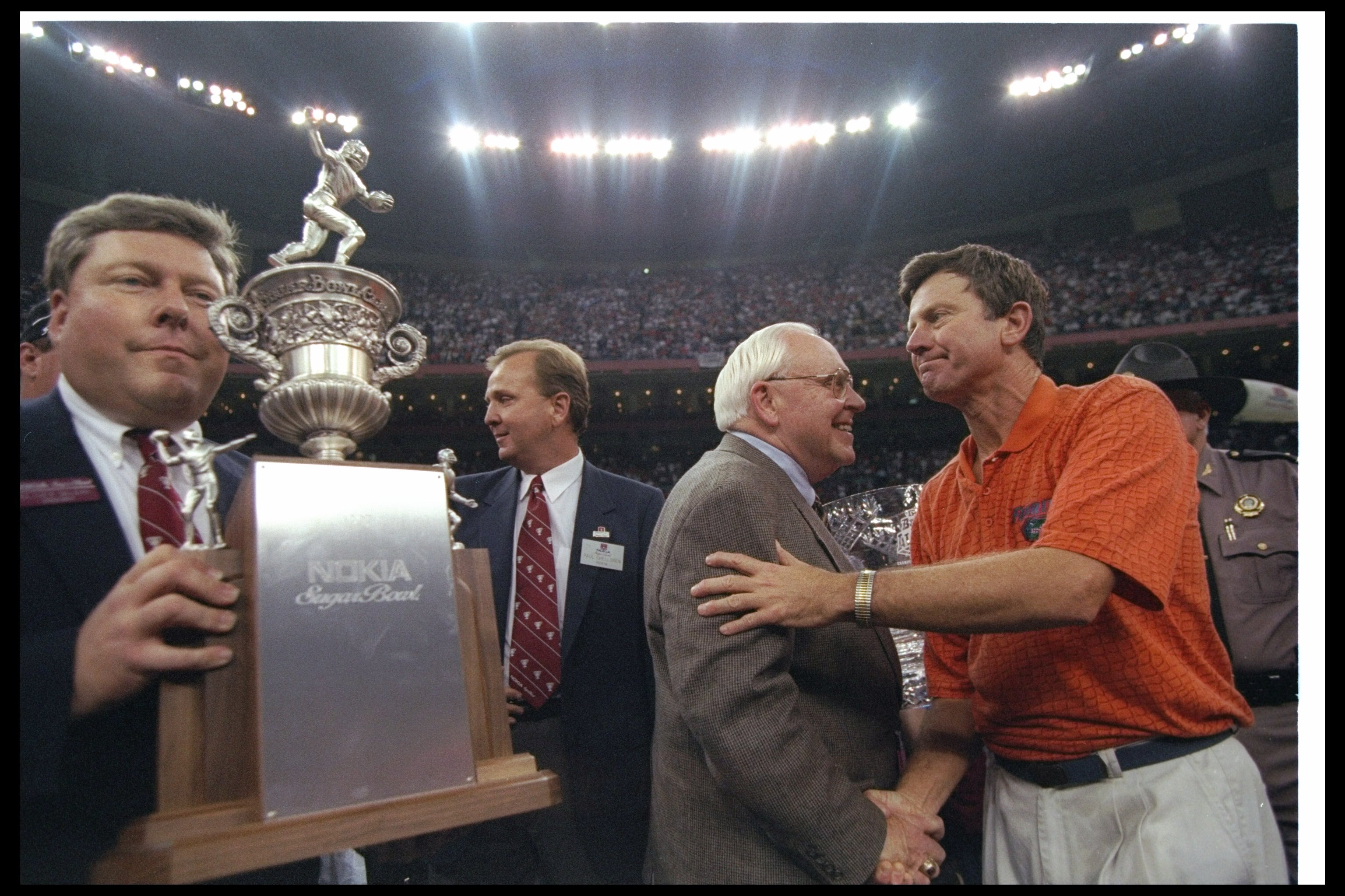 2 Jan 1997:  Florida Gators head coach Steve Spurrier celebrates after the Nokia Sugar Bowl against the Floirda State Seminoles at the Superdome in New Orleans, Louisiana.  Florida won the game, 52-20. Mandatory Credit: Doug Pensinger  /Allsport