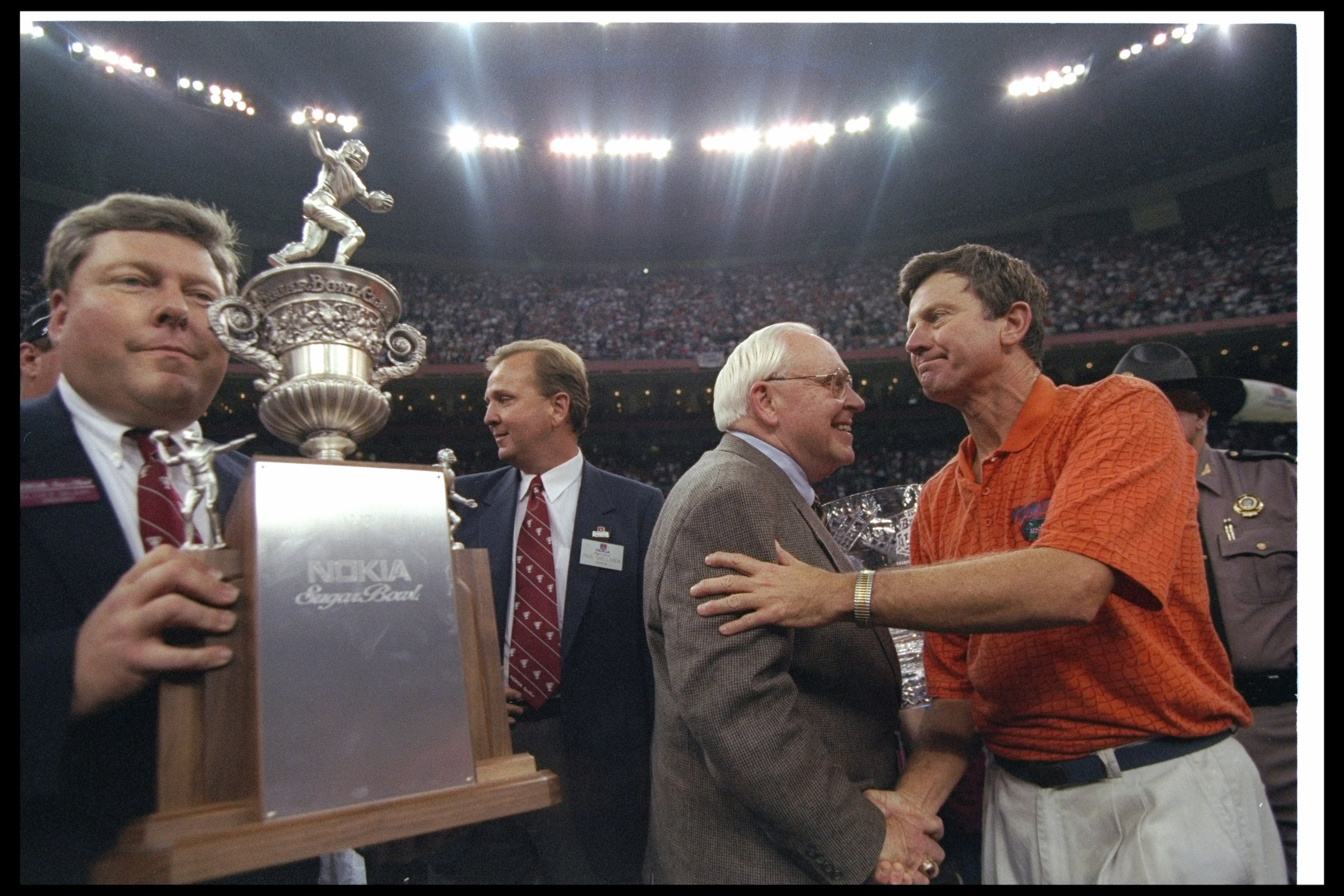 2 Jan 1997:  Florida Gators head coach Steve Spurrier celebrates after the Nokia Sugar Bowl against the Floirda State Seminoles at the Superdome in New Orleans, Louisiana.  Florida won the game, 52-20. Mandatory Credit: Doug Pensinger  /Allsport