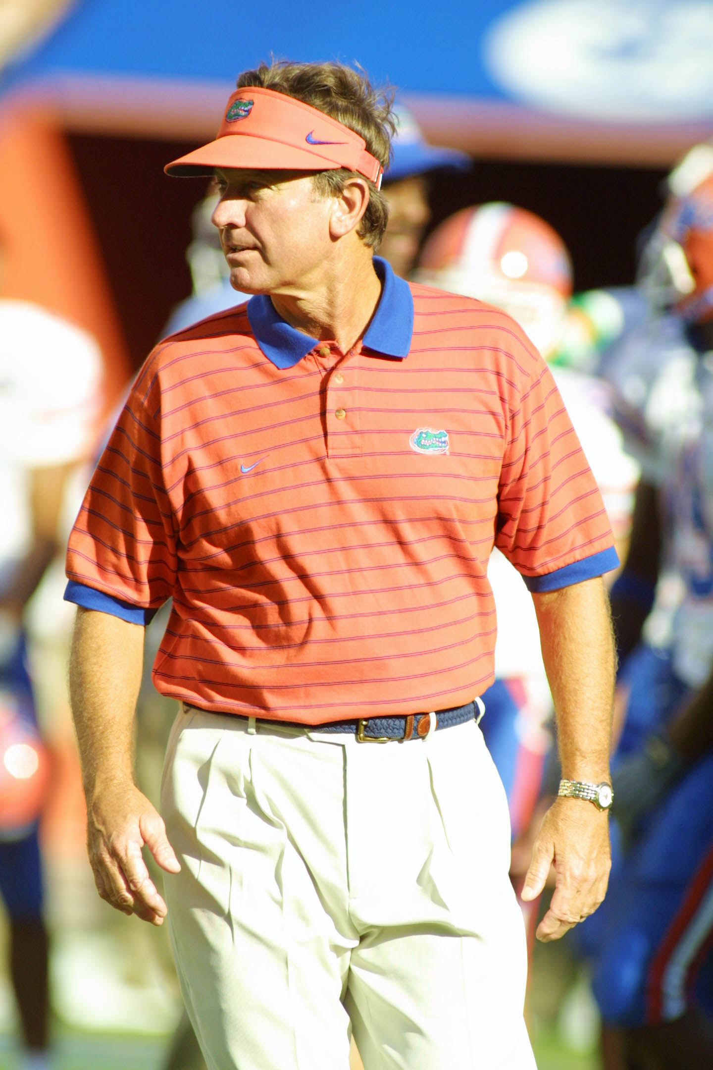 08 Sep 2001:   Steve Spurrier, coach of the Florida Gators watches his team warm up prior to the game against the La.-Monroe Indians at Florida Field in Gainesville, Florida.  The Gators defeated the Indians 55-6. DIGITAL IMAGE.  Mandatory Credit:  Scott