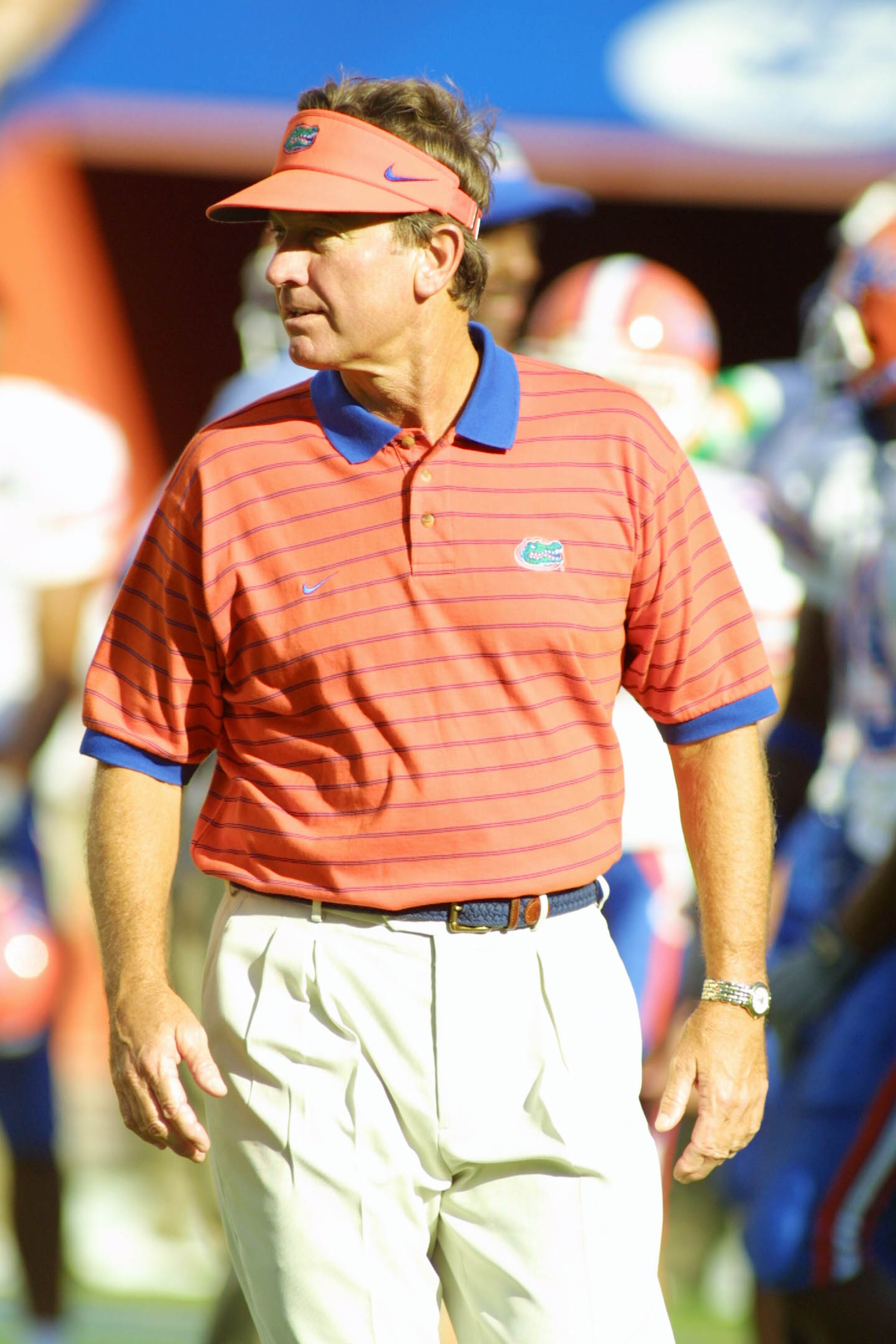 08 Sep 2001:   Steve Spurrier, coach of the Florida Gators watches his team warm up prior to the game against the La.-Monroe Indians at Florida Field in Gainesville, Florida.  The Gators defeated the Indians 55-6. DIGITAL IMAGE.  Mandatory Credit:  Scott
