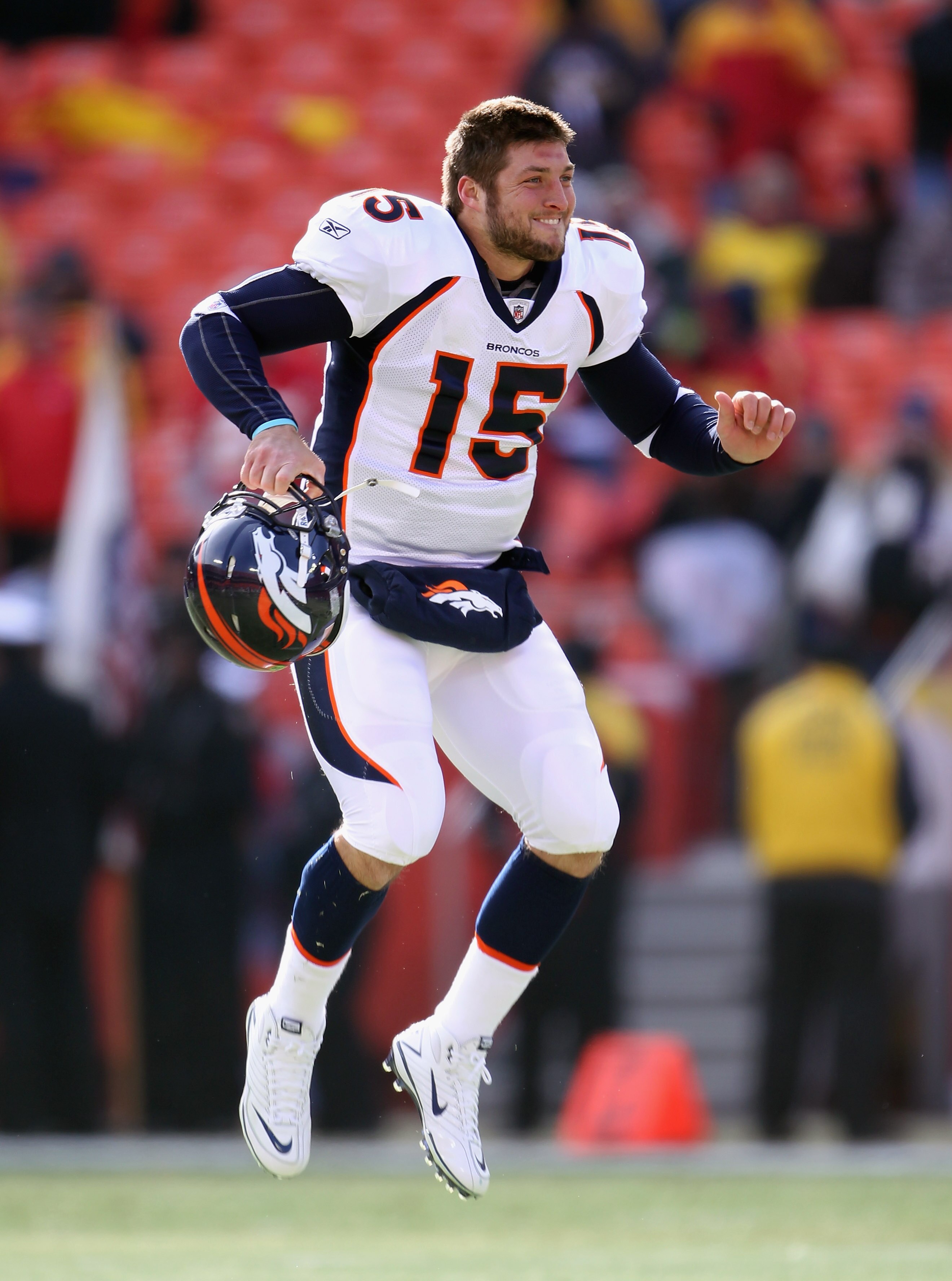 KANSAS CITY, MO - DECEMBER 05:  Quarterback Tim Tebow #15 of the Denver Broncos during warm-ups prior to the start of the game against the Kansas City Chiefs on December 5, 2010 at Arrowhead Stadium in Kansas City, Missouri.  (Photo by Jamie Squire/Getty