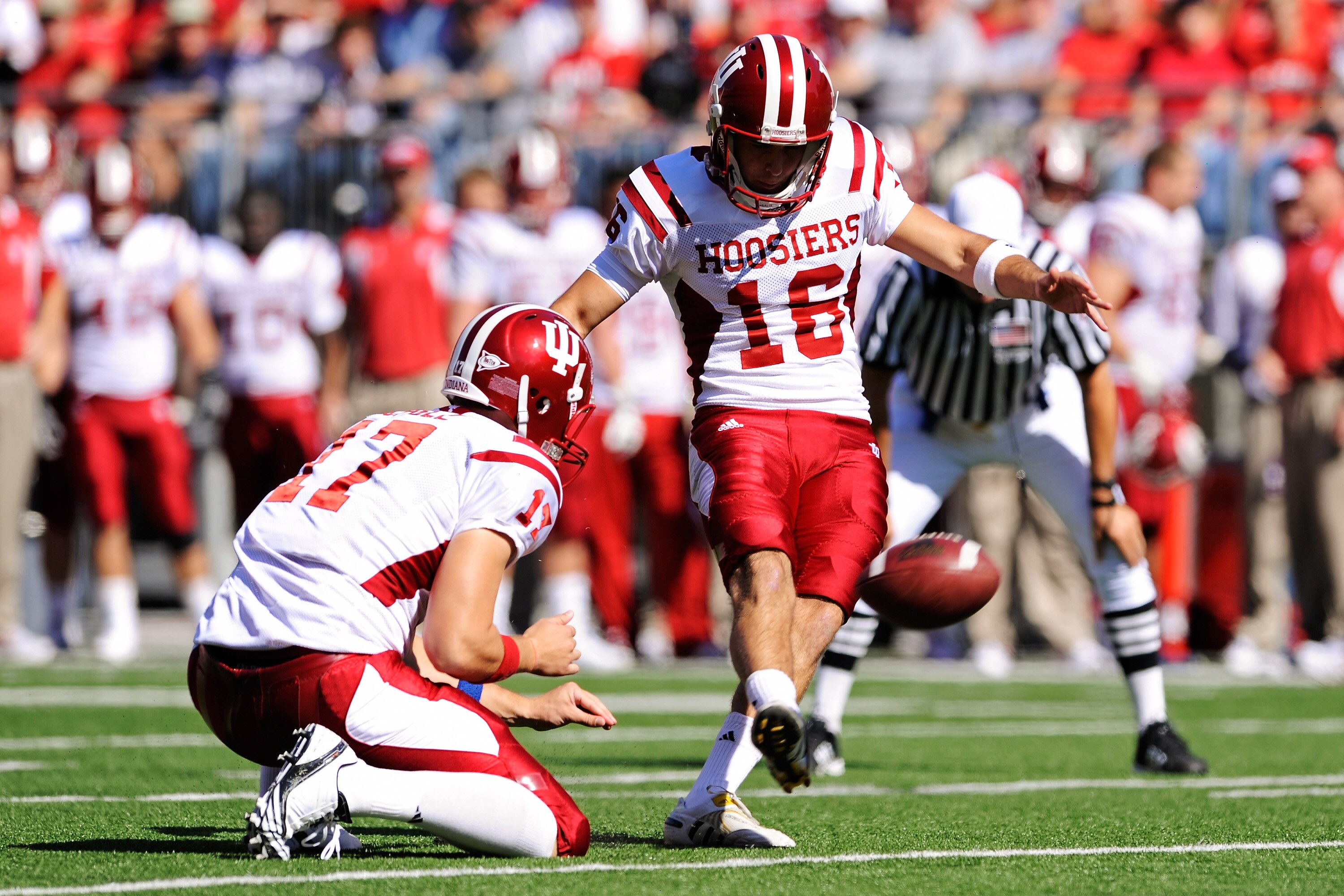 COLUMBUS, OH - OCTOBER 9:  Placekicker Mitch Ewald #16 of the Indiana Hoosiers puts the Hoosiers on the board in the third quarter with a 36-yard field goal against the Ohio State Buckeyes at Ohio Stadium on October 9, 2010 in Columbus, Ohio.  (Photo by J