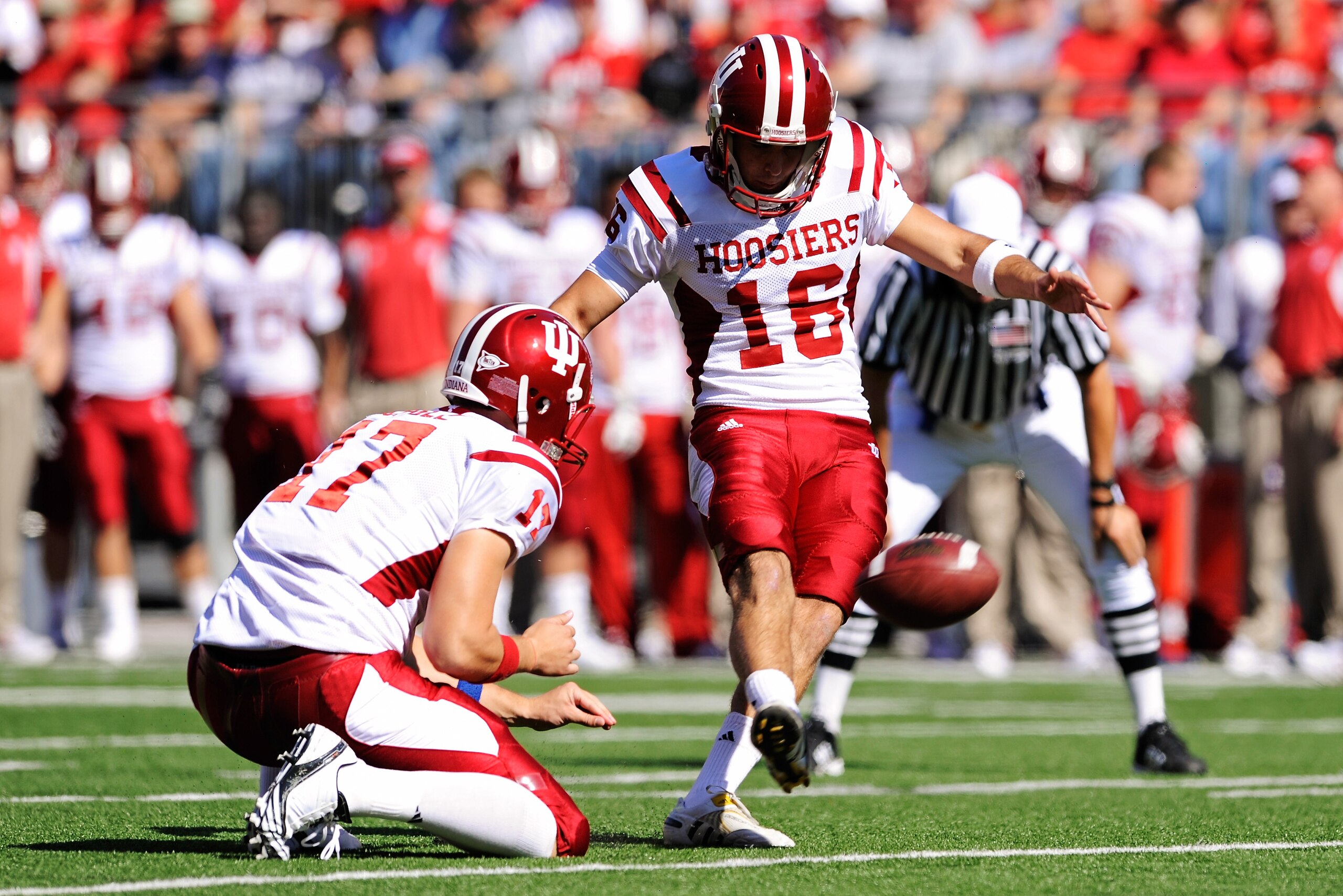 COLUMBUS, OH - OCTOBER 9:  Placekicker Mitch Ewald #16 of the Indiana Hoosiers puts the Hoosiers on the board in the third quarter with a 36-yard field goal against the Ohio State Buckeyes at Ohio Stadium on October 9, 2010 in Columbus, Ohio.  (Photo by J