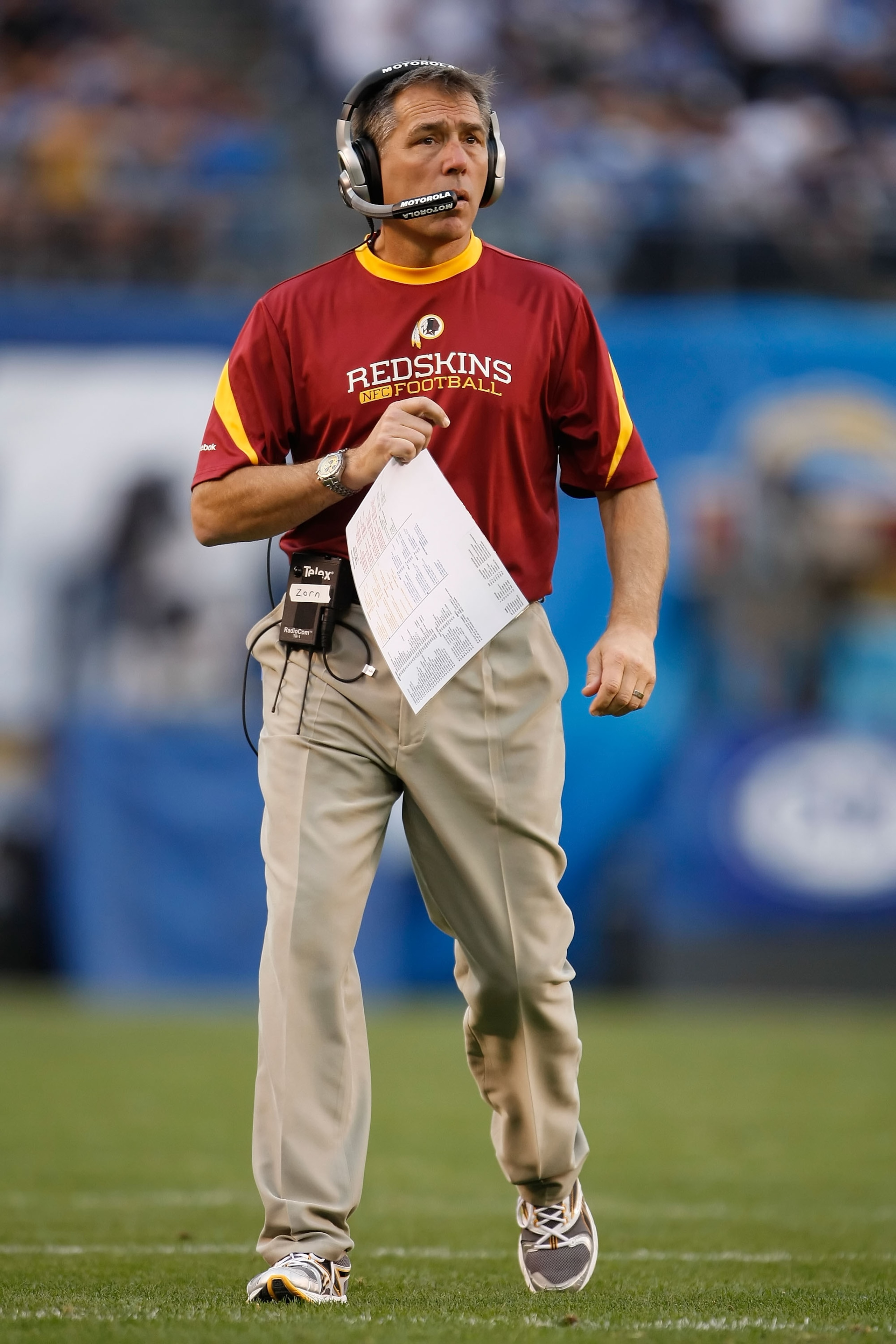 SAN DIEGO - JANUARY 03:  Washington Redskins head coach Jim Zorn looks on from the sideline against the San Diego Chargers at Qualcomm Stadium on January 3, 2010 in San Diego, California. The Chargers defeated the Redskins 23-20.  (Photo by Jeff Gross/Get