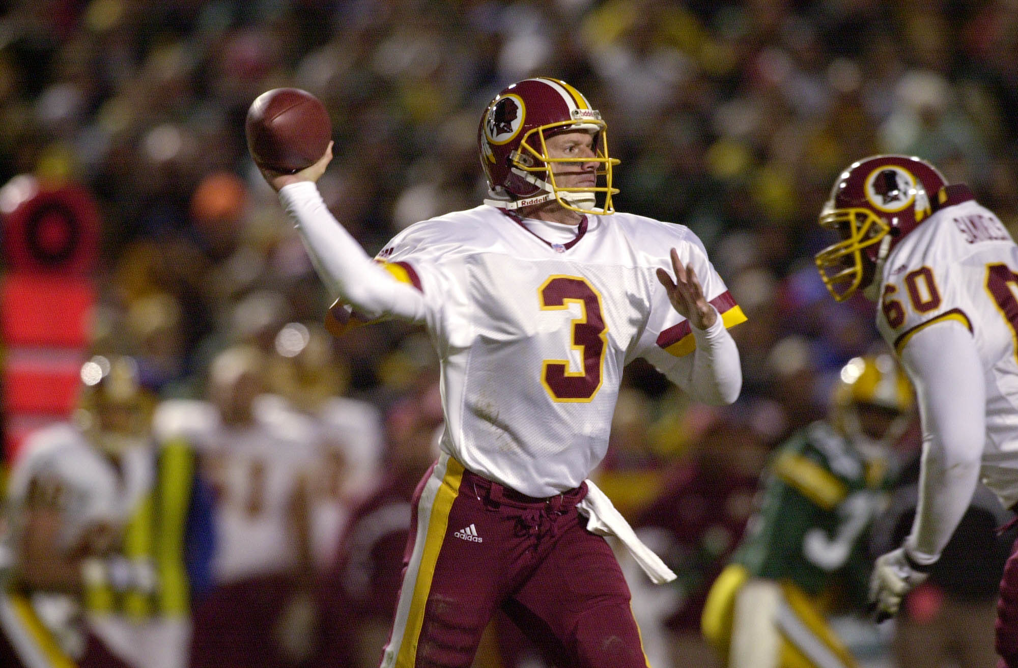 24 Sep 2001: Quarterback Jeff George #3 of the Washington Redskins looks down field for a receiver against the Green Bay Packers during the game at Lambeau Field in Green Bay, Wisconsin. The Redskins were defeated 37-0 by the Packers. DIGITAL IMAGE  Manda