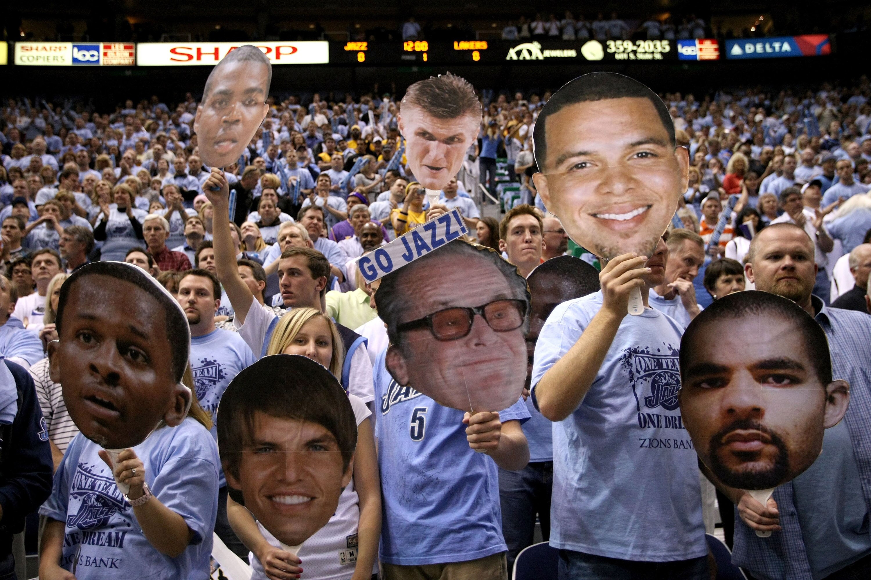 SALT LAKE CITY - MAY 09:  Fans hold up cut out head shots of the Utah Jazz players and one of Los Angeles Laker fan actor Jack Nickolson in Game Three of the Western Conference Semifinals during the 2008 NBA Playoffs on May 9, 2008 at Energy Solutions Are