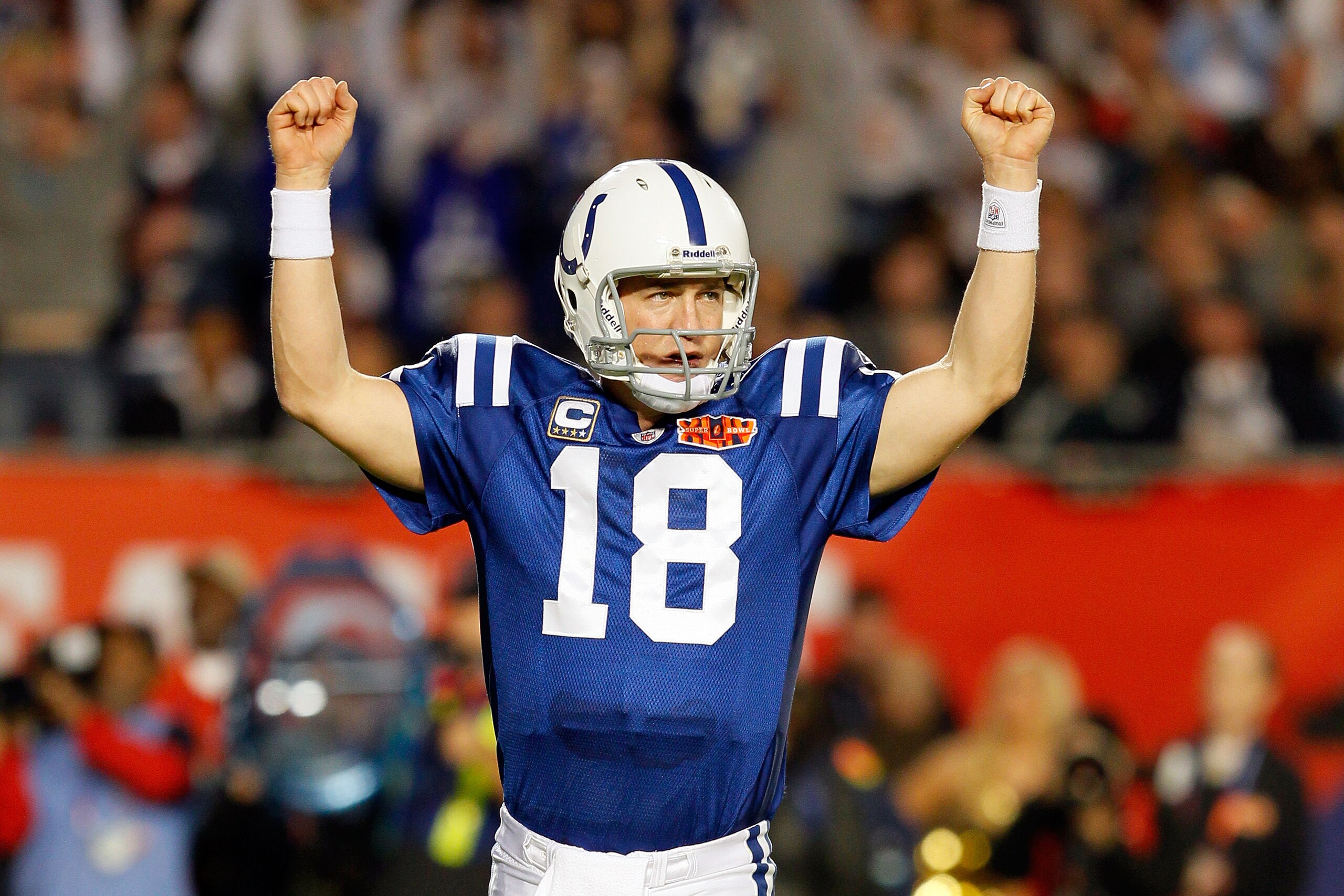 MIAMI GARDENS, FL - FEBRUARY 07:  Peyton Manning #18 of the Indianapolis Colts celebrates after a touchdown in the third quarter against the New Orleans Saints during Super Bowl XLIV on February 7, 2010 at Sun Life Stadium in Miami Gardens, Florida.  (Pho