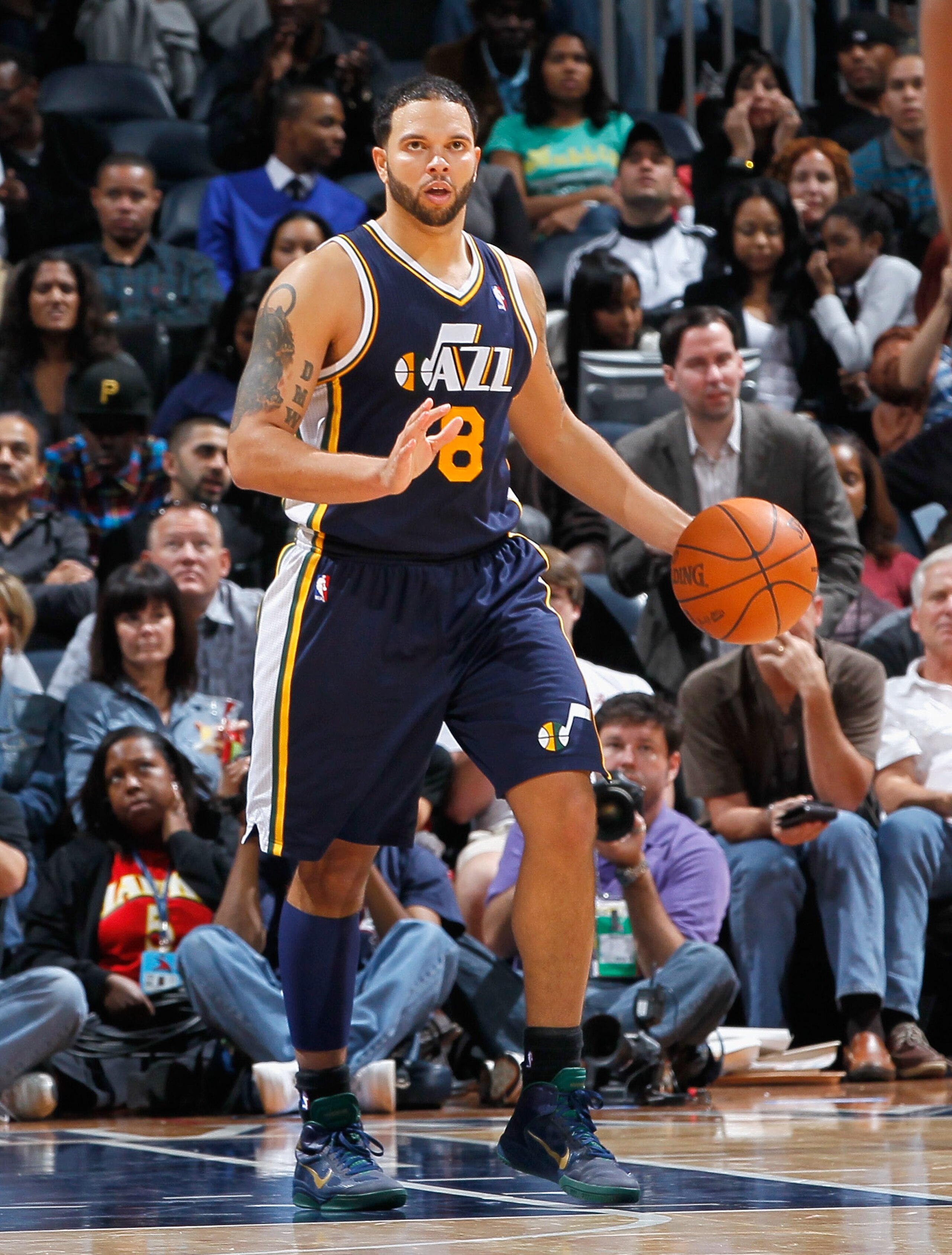 ATLANTA - NOVEMBER 12:  Deron Williams #8 of the Utah Jazz against the Atlanta Hawks at Philips Arena on November 12, 2010 in Atlanta, Georgia.  NOTE TO USER: User expressly acknowledges and agrees that, by downloading and/or using this Photograph, User i