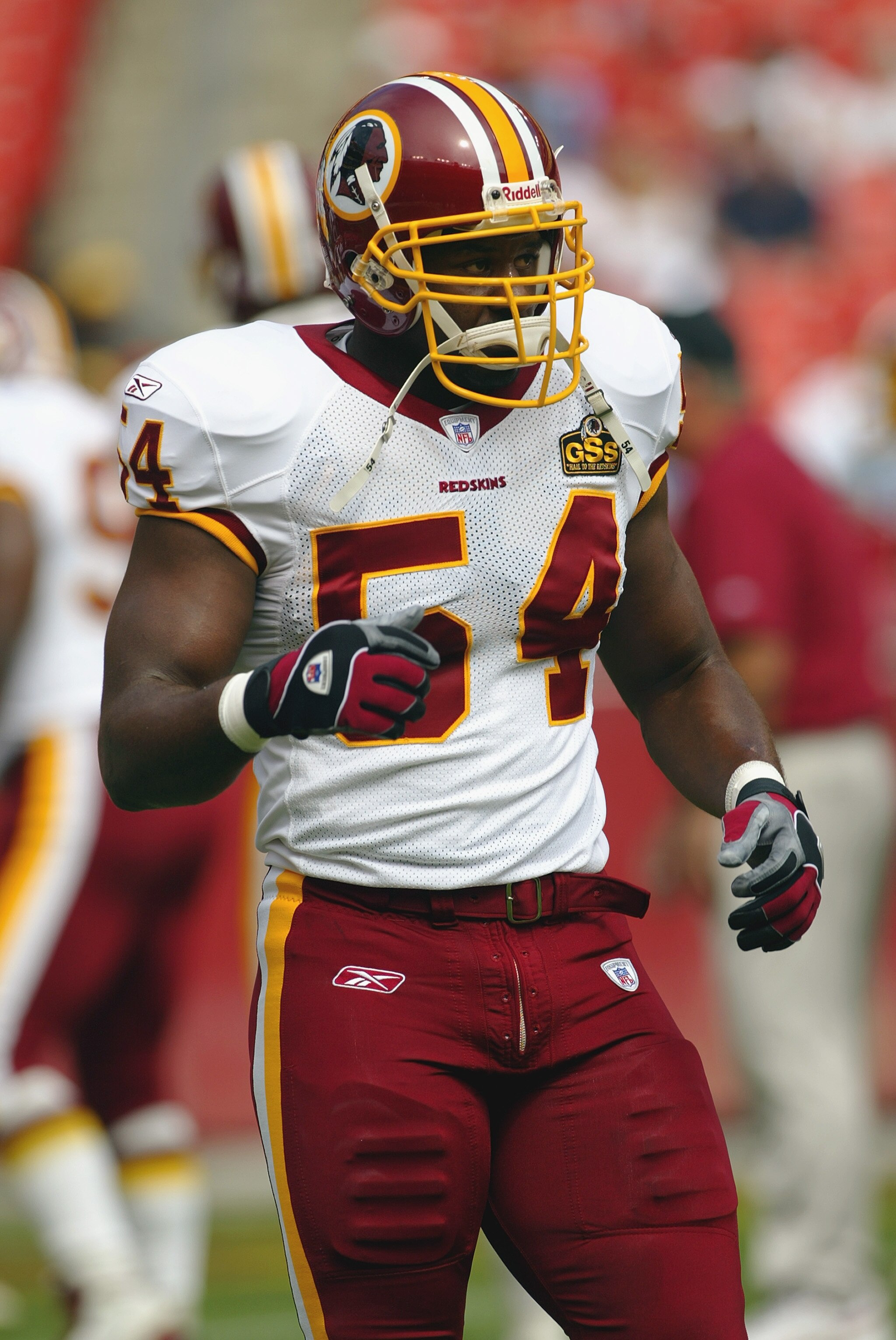 LANDOVER, MD - SEPTEMBER 28:  Linebacker Jeremiah Trotter #54 of the Washington Redskins looks on prior to a game against the New England Patriots on September 28, 2003 at FedEx Field in Landover, Maryland. The Redskins defeated the Patriots 20-17. (Photo