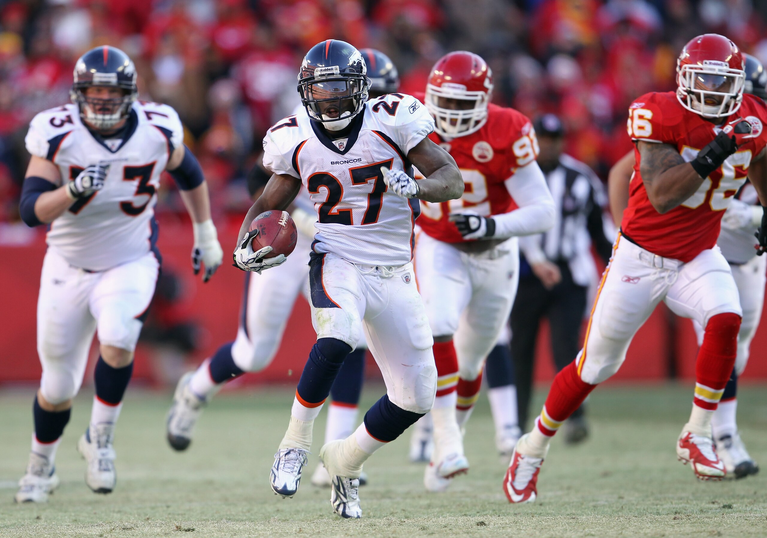 KANSAS CITY, MO - DECEMBER 05:  Knowshon Moreno #27 of the Denver Broncos carries the ball during the game against the Kansas City Chiefs on December 5, 2010 at Arrowhead Stadium in Kansas City, Missouri.  (Photo by Jamie Squire/Getty Images)