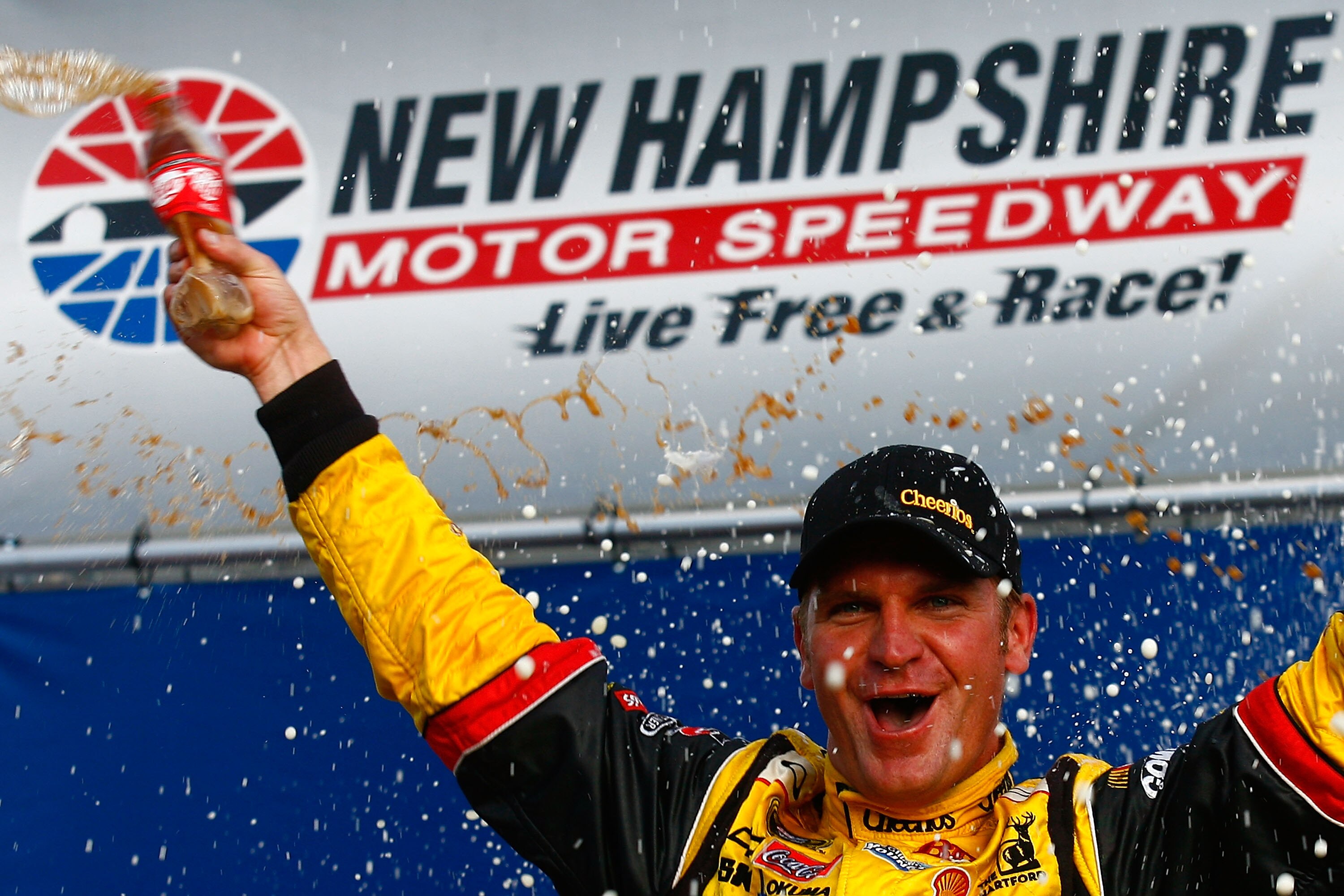 LOUDON, NH - SEPTEMBER 19:  Clint Bowyer, driver of the #33 Cheerios / Hamburger Helper Chevrolet, celebrates in victory lane after he won the NASCAR Sprint Cup Series Sylvania 300 at New Hampshire Motor Speedway on September 19, 2010 in Loudon, New Hamps