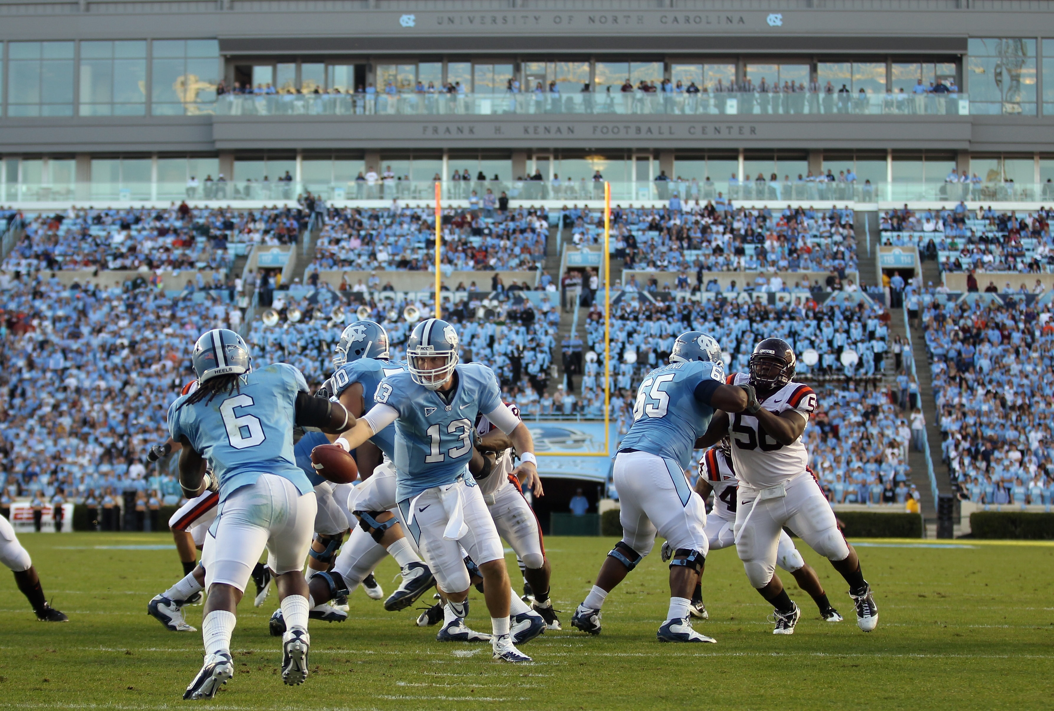 CHAPEL HILL, NC - NOVEMBER 13:  T.J. Yates #13 of the North Carolina Tar Heels against the Virginia Tech Hokies during their game at Kenan Stadium on November 13, 2010 in Chapel Hill, North Carolina.  (Photo by Streeter Lecka/Getty Images)