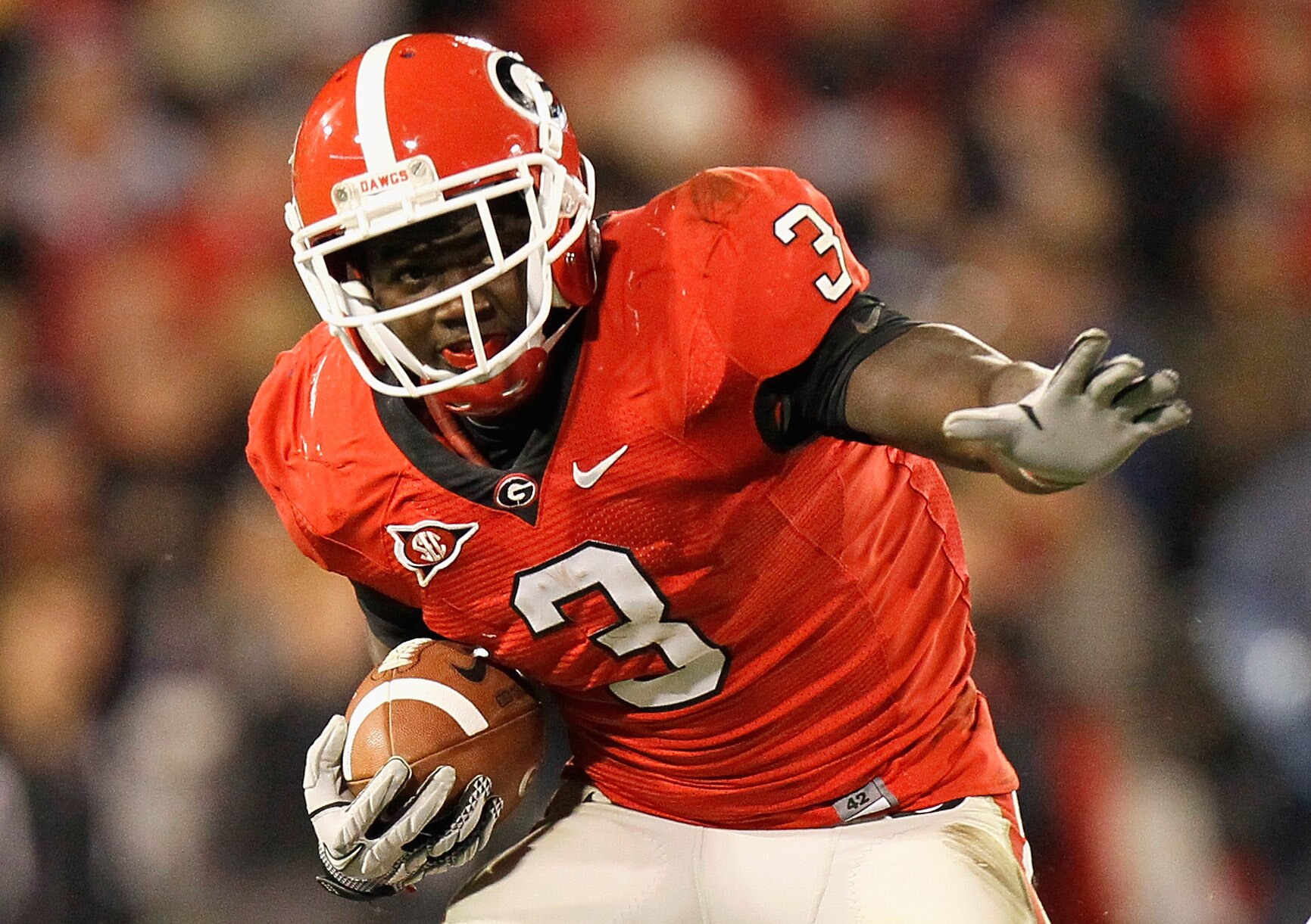 ATHENS, GA - NOVEMBER 27:  Washaun Ealey #3 of the Georgia Bulldogs rushes upfield against the Georgia Tech Yellow Jackets at Sanford Stadium on November 27, 2010 in Athens, Georgia.  (Photo by Kevin C. Cox/Getty Images)