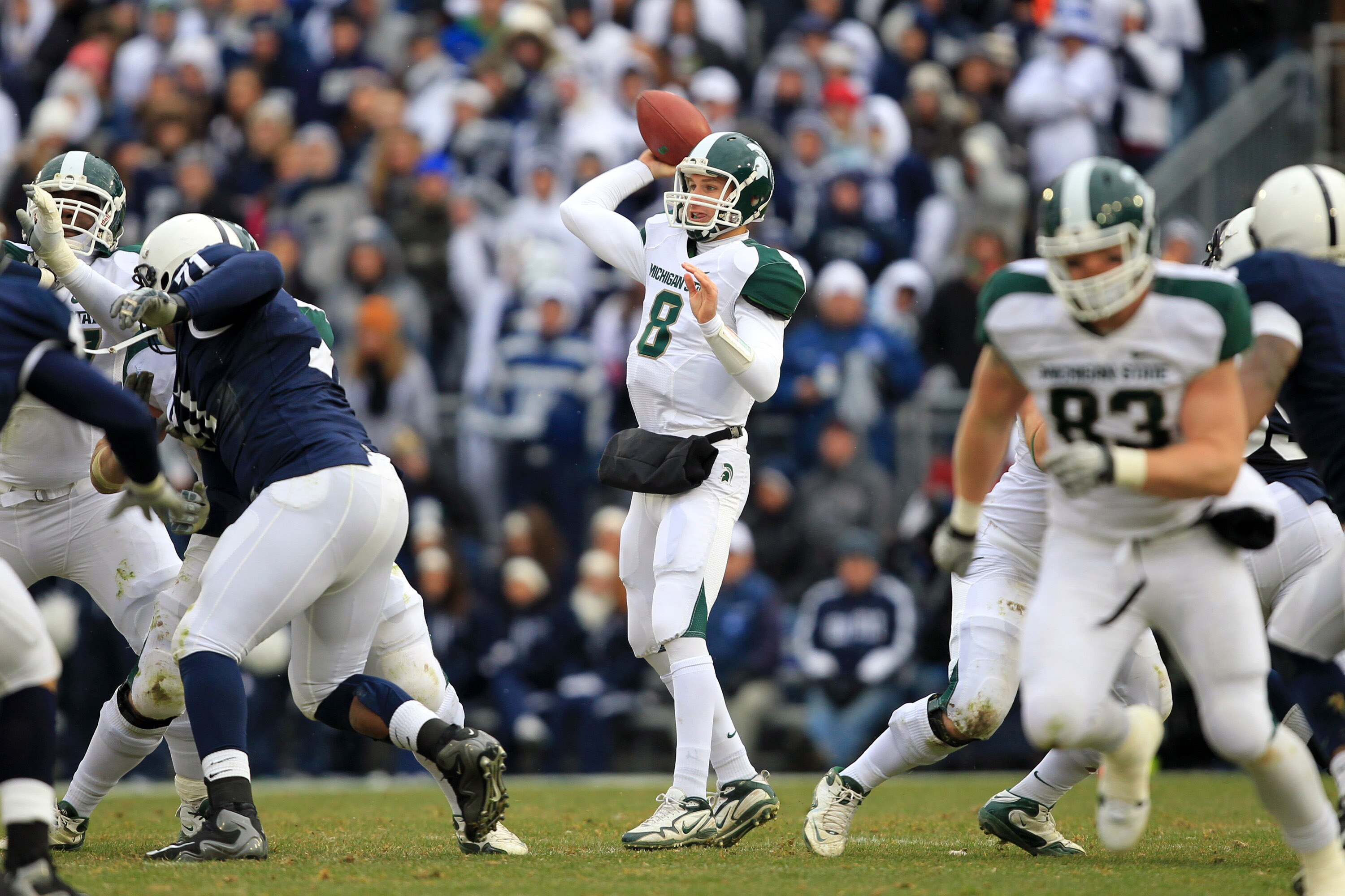 STATE COLLEGE, PA - NOVEMBER 27: Quarterback Kirk Cousins #8 of the Michigan State Spartans throws a pass during a game against the Penn State Nittany Lions on November 27, 2010 at Beaver Stadium in State College, Pennsylvania. The Spartans won 28-22. (Ph