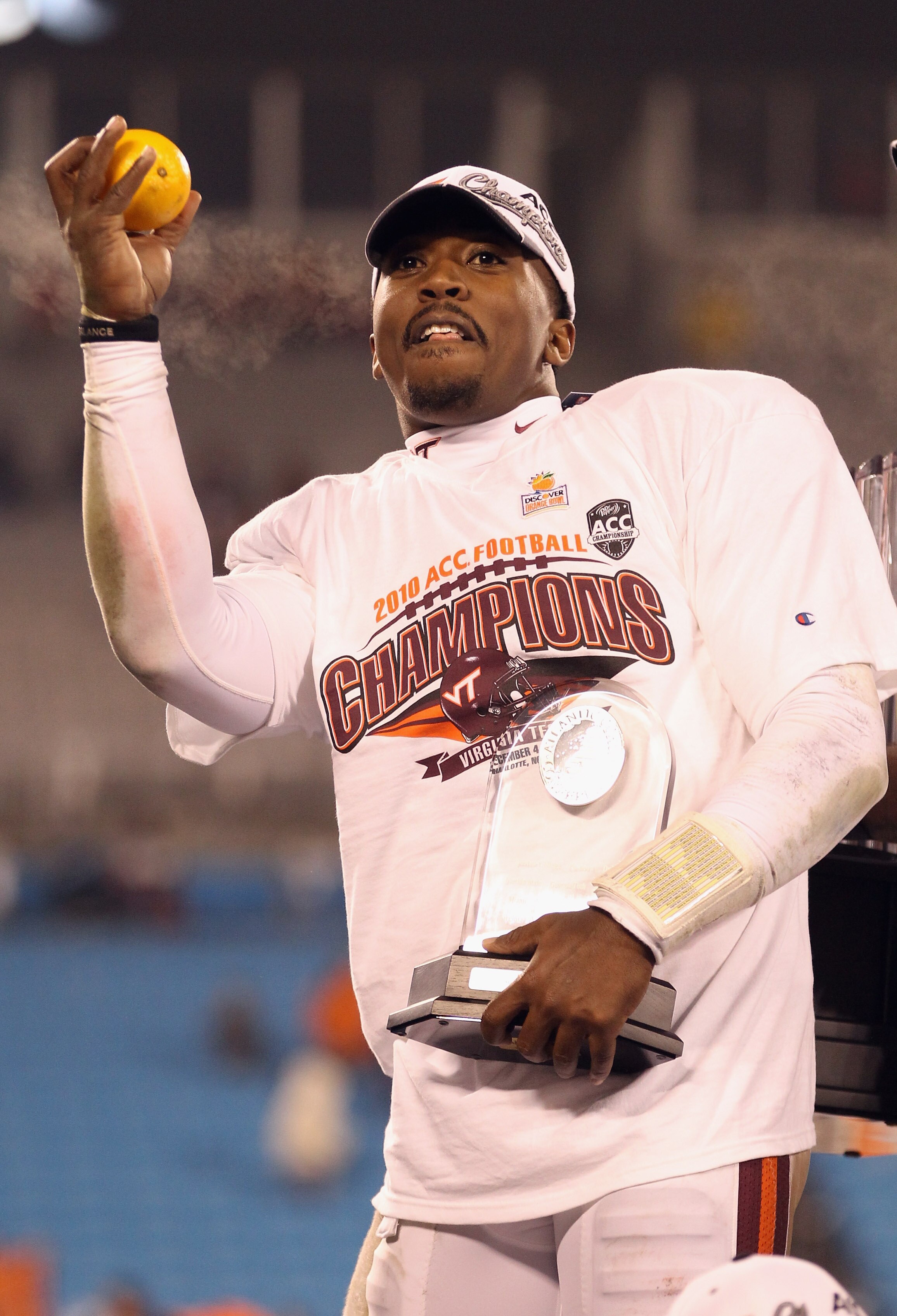 CHARLOTTE, NC - DECEMBER 04:  Tyrod Taylor #5 of the Virginia Tech Hokies celebrates after winning the ACC Championship 44-33 at Bank of America Stadium on December 4, 2010 in Charlotte, North Carolina.  (Photo by Streeter Lecka/Getty Images)