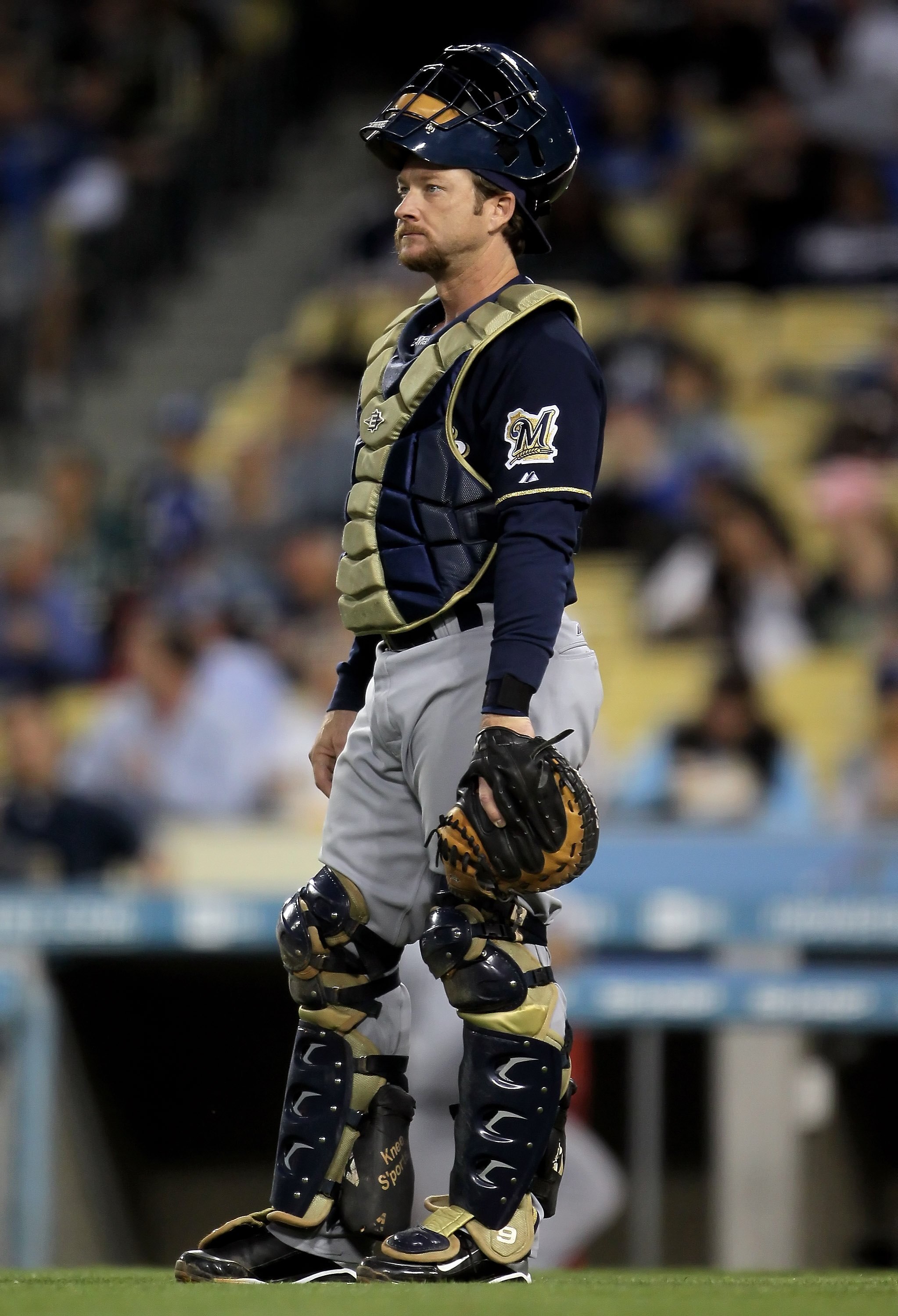 LOS ANGELES, CA - MAY 06:  Catcher Gregg Zaun #9 of the Milwaukee Brewers looks on against the Los Angeles Dodgers at Dodger Stadium on May 6, 2010 in Los Angeles, California.  (Photo by Jeff Gross/Getty Images)