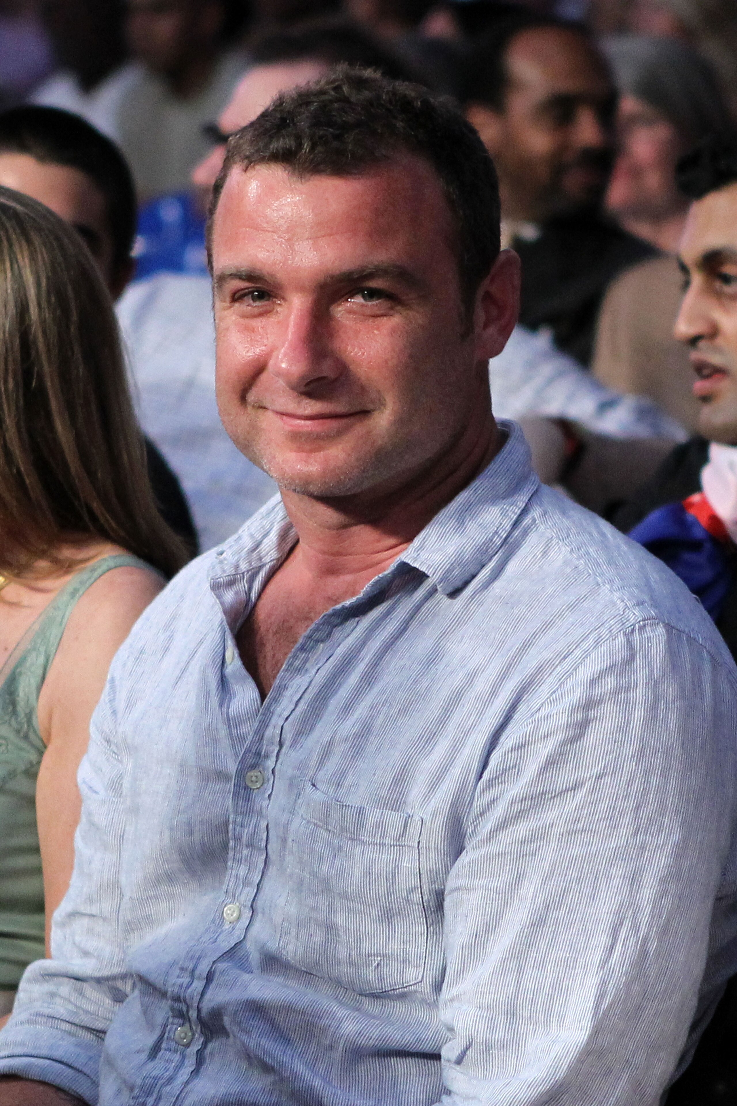 NEW YORK - JUNE 05:  Aator Liev Schreiber smiles as he watches the bout between James Moore and Pawel Wolak during the super welterweight fight on June 5, 2010 at Yankee Stadium in the Bronx borough of New York City. Wolak wins by unanimous decision 97-93