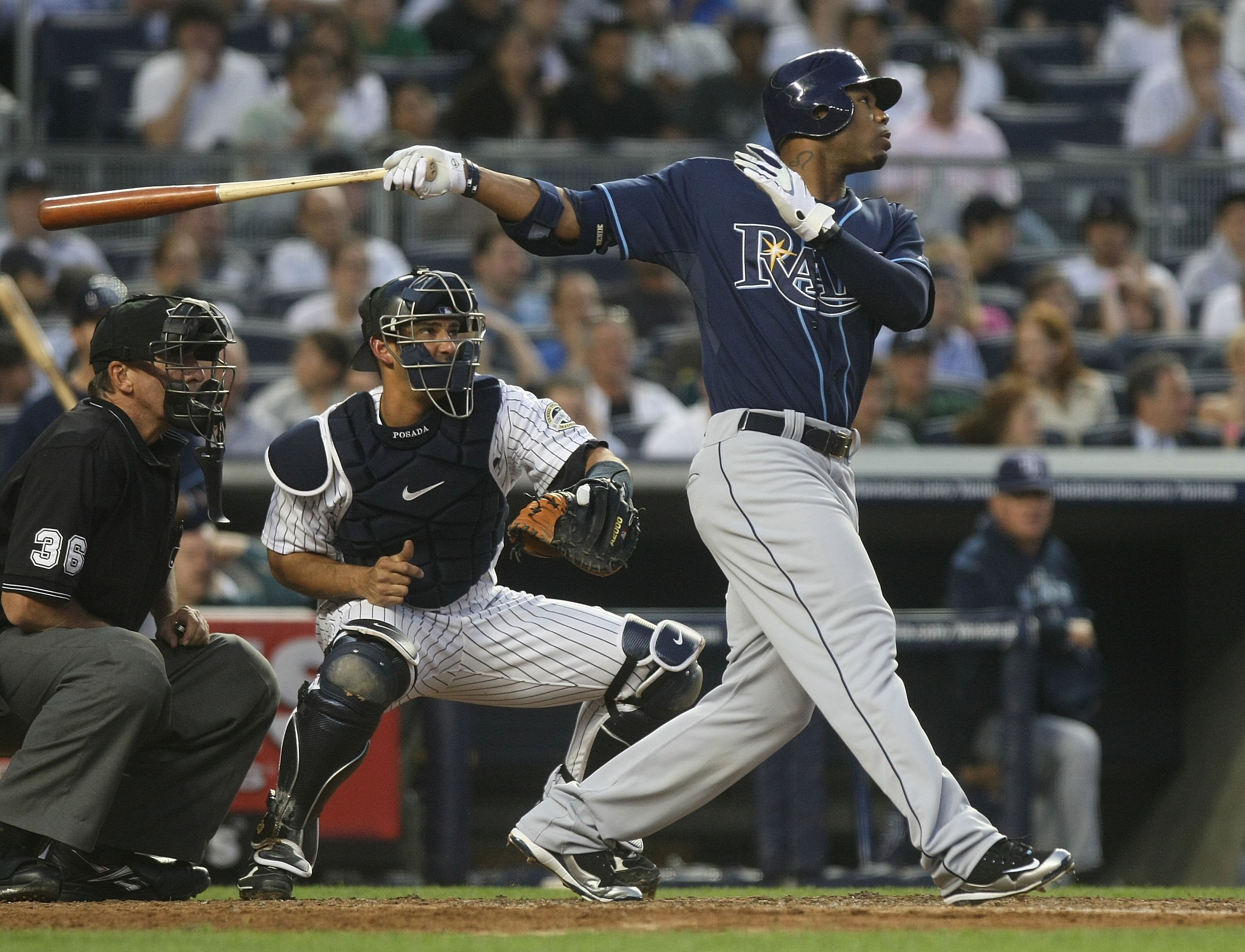 NEW YORK - JUNE 08:  Carl Crawford #13 of the Tampa Bay Rays at bat against the New York Yankees on June 8, 2009 at Yankee Stadium in the Bronx borough of New York City.  (Photo by Nick Laham/Getty Images)
