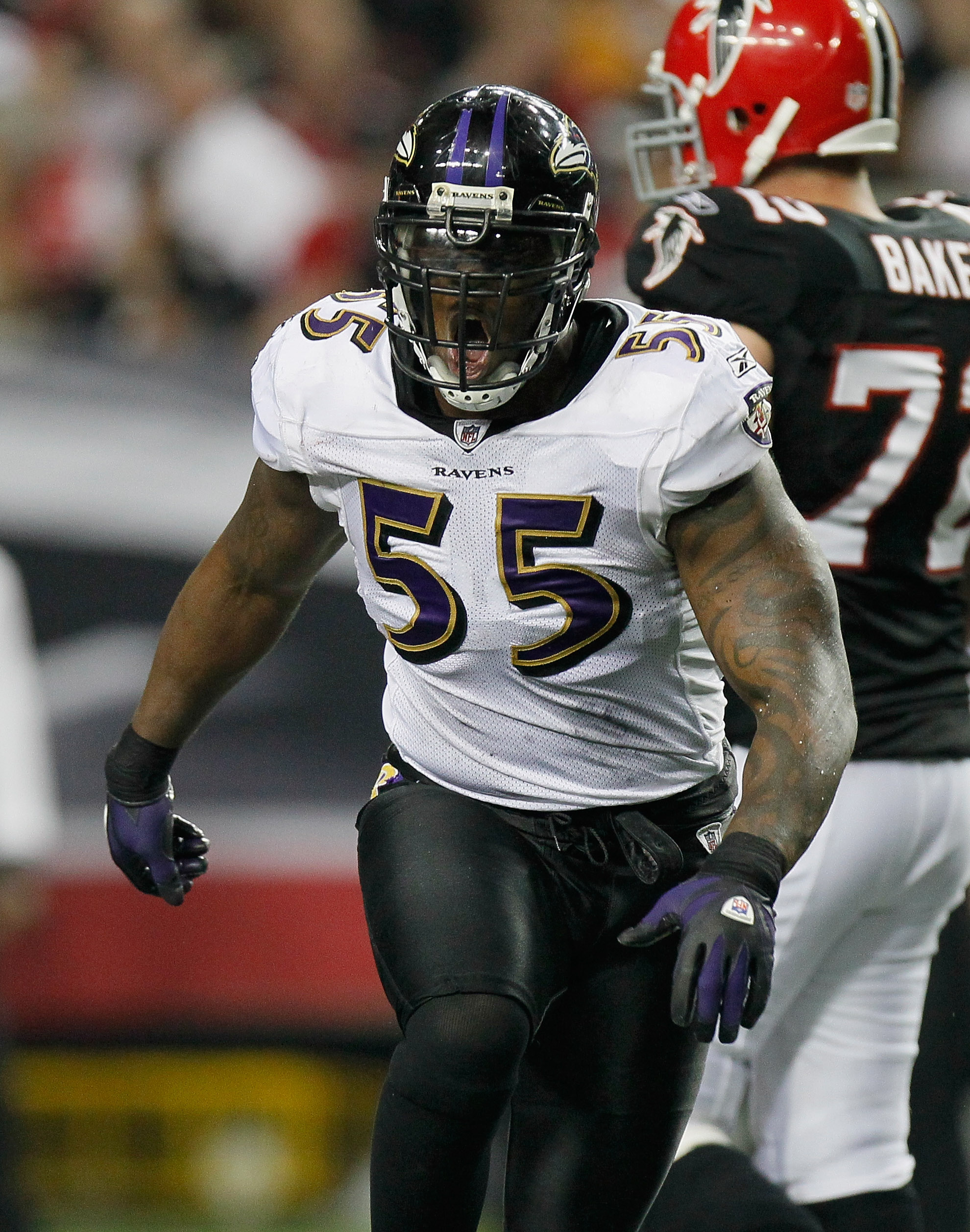 ATLANTA - NOVEMBER 11:  Terrell Suggs #55 of the Baltimore Ravens against the Atlanta Falcons at Georgia Dome on November 11, 2010 in Atlanta, Georgia.  (Photo by Kevin C. Cox/Getty Images)